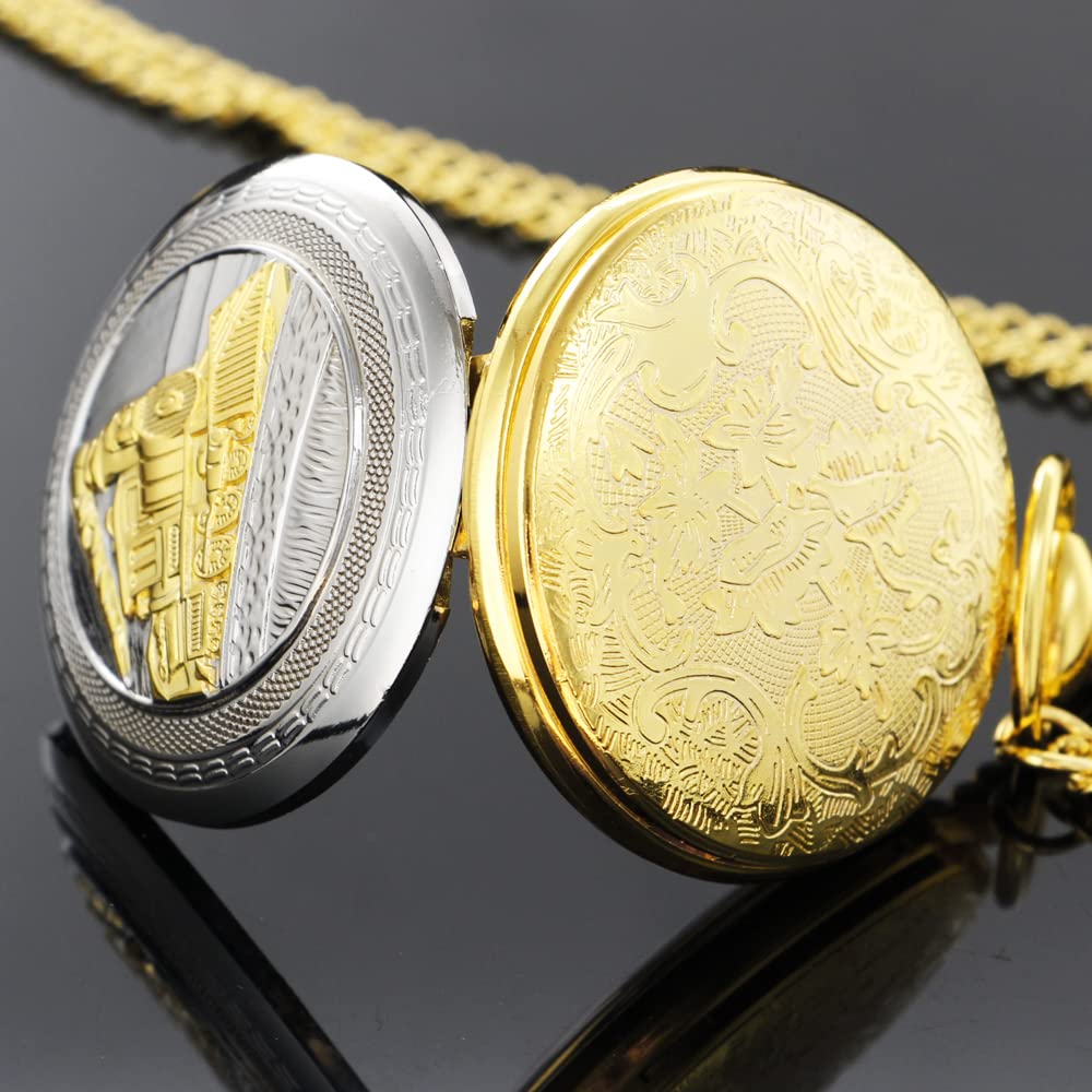 Mens Vintage Pocket Watch with Arabic Numbers Steam Train Design Quartz Gift for Kids Christmas Graduation Birthday Gold Silver CF1235 - View 6 of 7