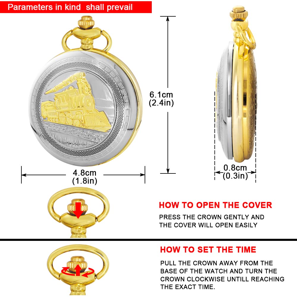 Mens Vintage Pocket Watch with Arabic Numbers Steam Train Design Quartz Gift for Kids Christmas Graduation Birthday Gold Silver CF1235 - View 7 of 7