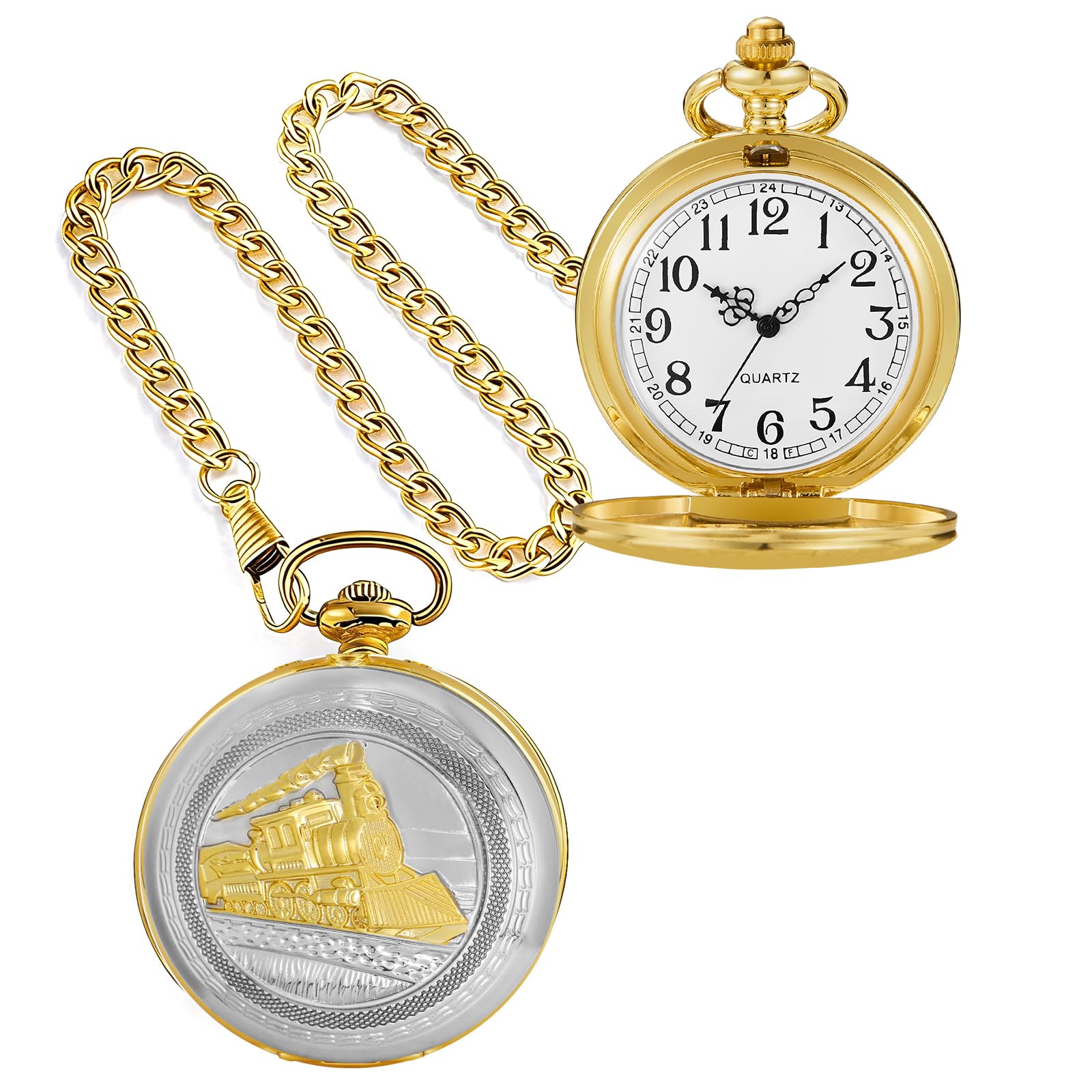 Mens Vintage Pocket Watch with Arabic Numbers Steam Train Design Quartz Gift for Kids Christmas Graduation Birthday Gold Silver CF1235