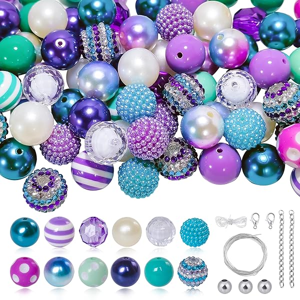 CREATZONE CREATZONE 50Pcs Chunky Bubblegum Beads 20mm Large Gumball Rhinestone Pearl Beads with Tiny Round Spacers and Beading Wire in Blue and Purple