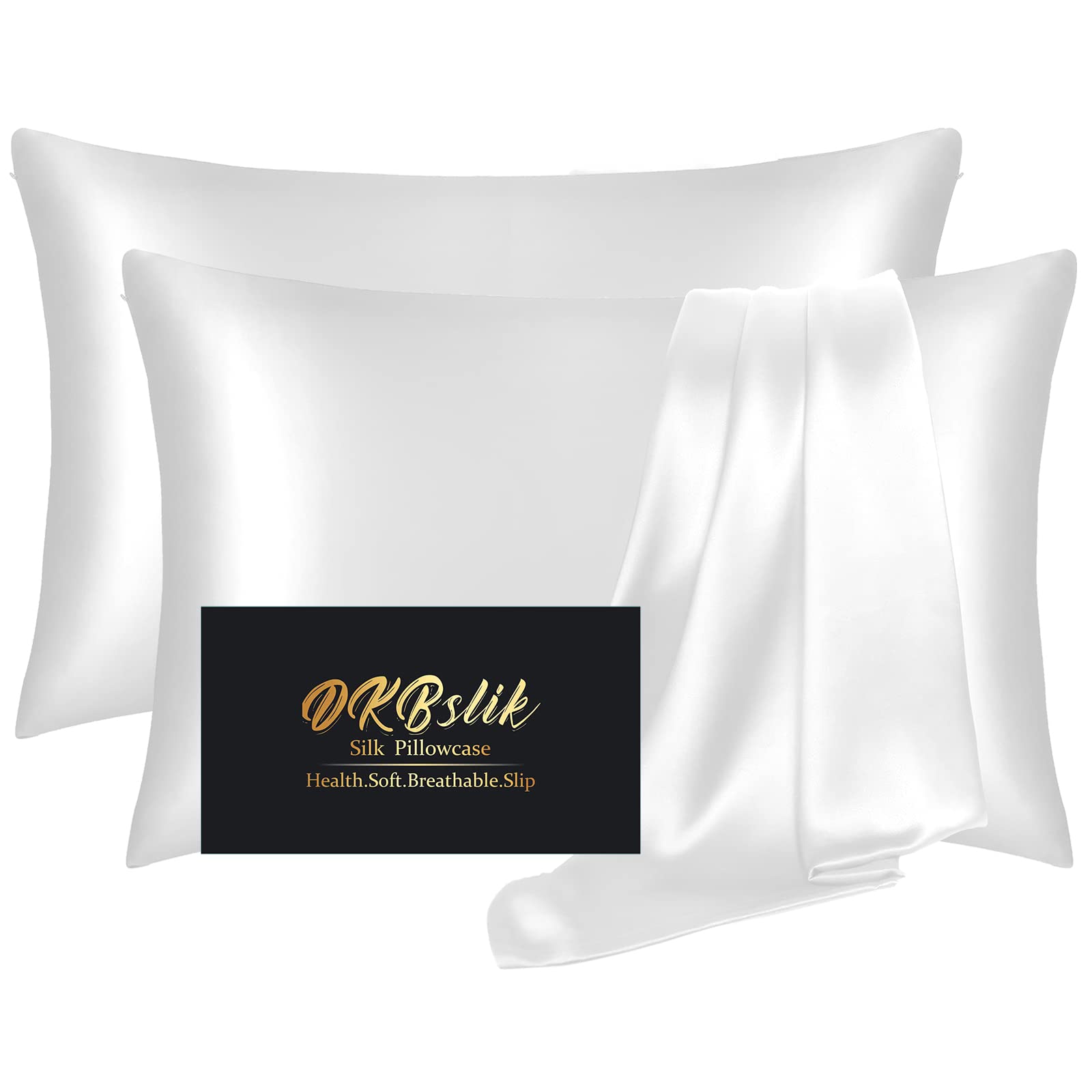 DKBslik Silk Pillowcase 2 Pack Mulberry Silk Queen Size Anti Acne Pillowcases for Hair and Skin Natural Gifts for Women Men with Hidden Zipper White