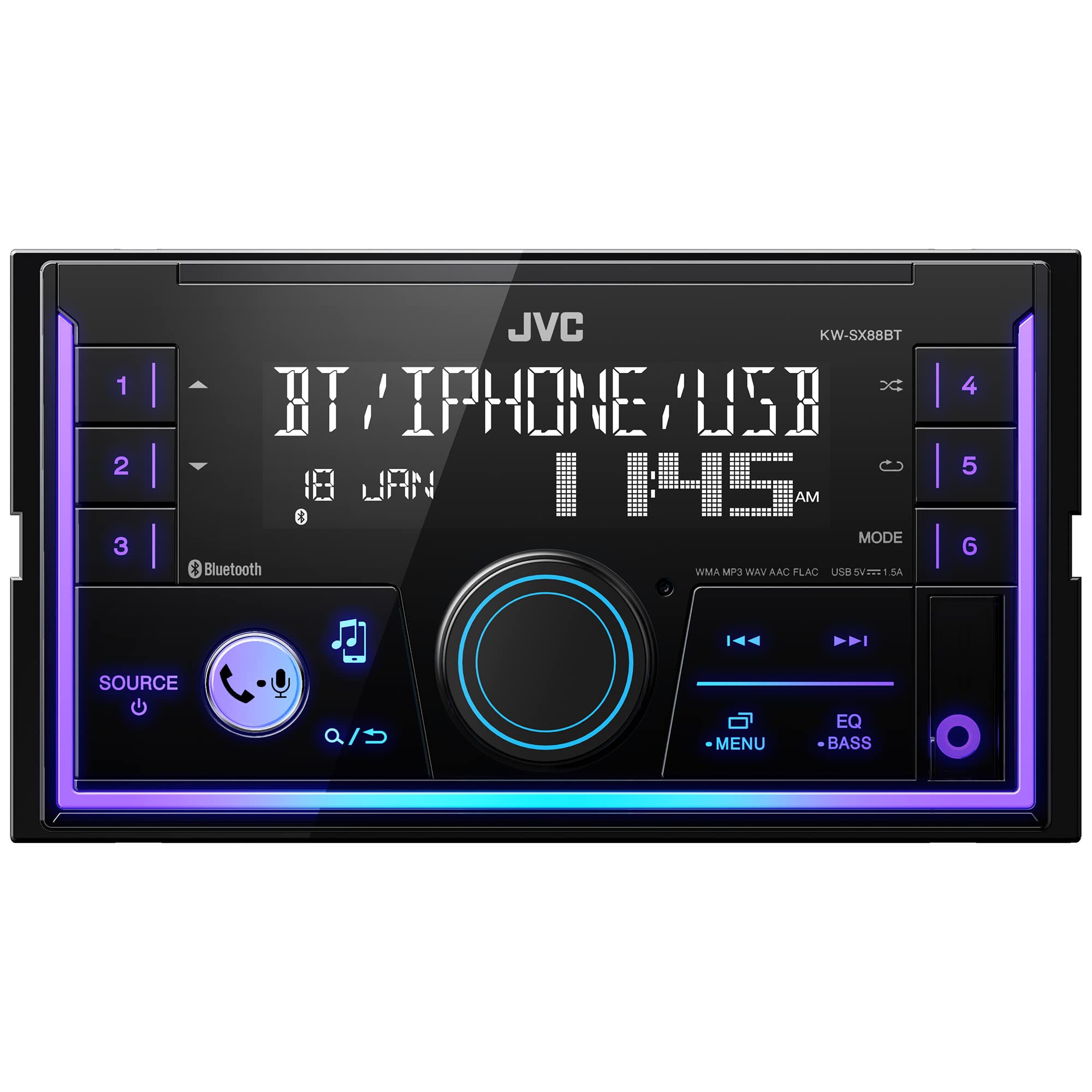JVC KW-SX88BT Bluetooth Double Din Digital Media Car Stereo with Shallow Chassis, Variable Color Dsplay, Front USB and Aux, Powerful Amplifier, AM FM