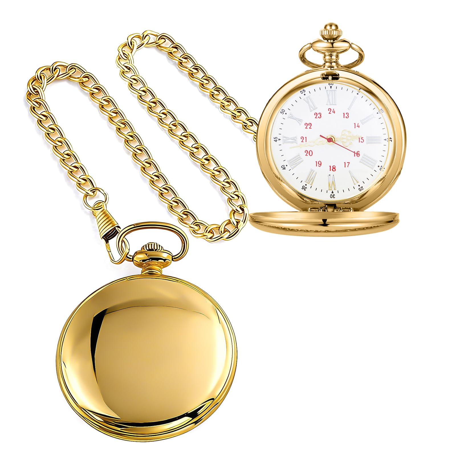 Alwesam Smooth Vintage Quartz Pocket Watch with Chain Roman Numerals Scale(Gold White)