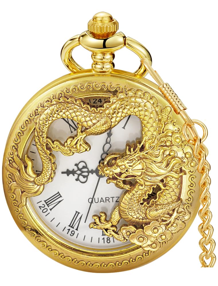 Alwesam Gold Dragon Design Quartz Pocket Watch Roman Numerals with Chain Birthdays Gifts for Father's Days