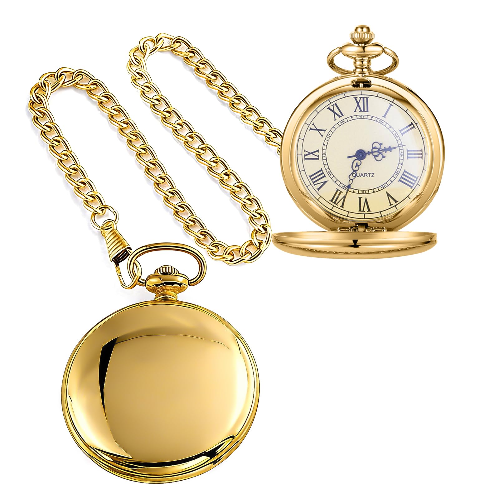Alwesam Smooth Quartz Pocket Watch with Chain Roman Numerals Scale(Full Gold)