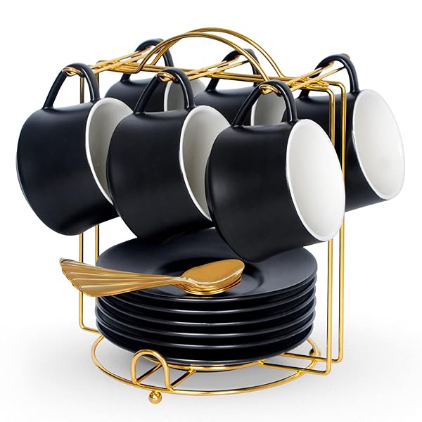 Lareina Lareina Porcelain Cappuccino Cups Set of 6 with Saucers Spoons and Stand 7 Ounce Ceramic Coffee Cups for Americano Latte and Tea Black