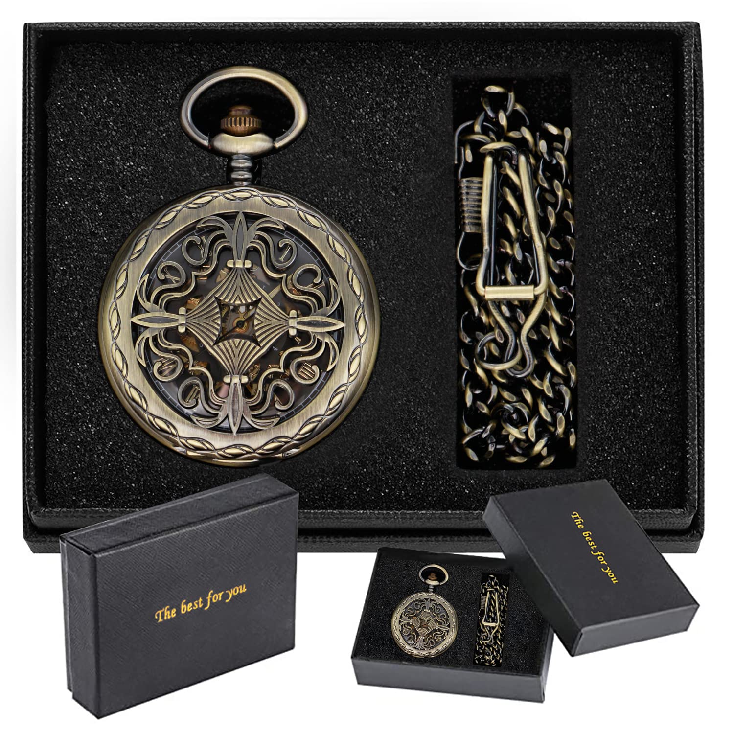 Whodoit Whodoit Retro Bronze Chinese Knot Hollow Mechanical Pocket Watch with Roman Numeral Skeleton Dial for Men - View 2 of 8