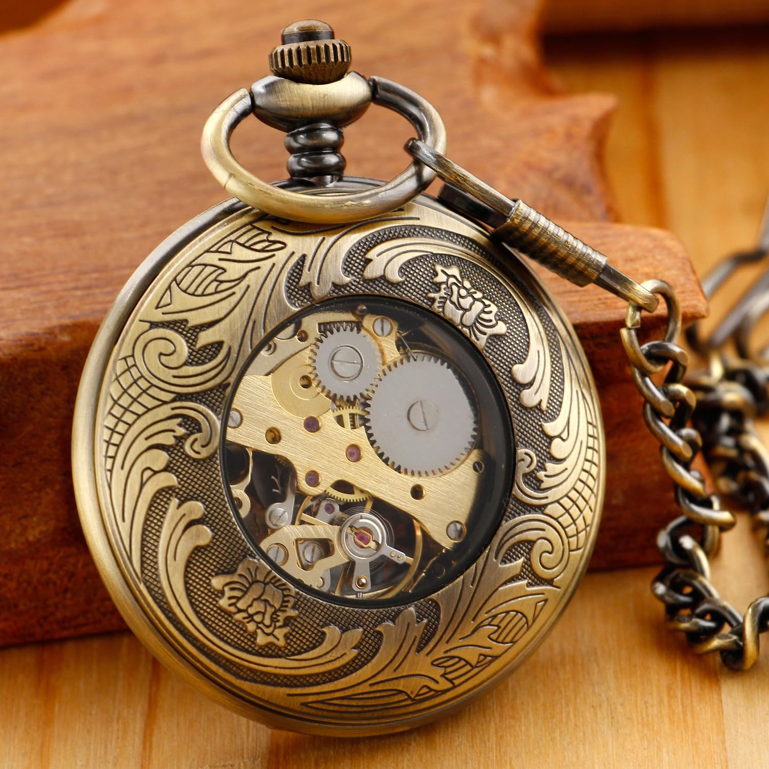 Whodoit Whodoit Retro Bronze Chinese Knot Hollow Mechanical Pocket Watch with Roman Numeral Skeleton Dial for Men - View 5 of 8