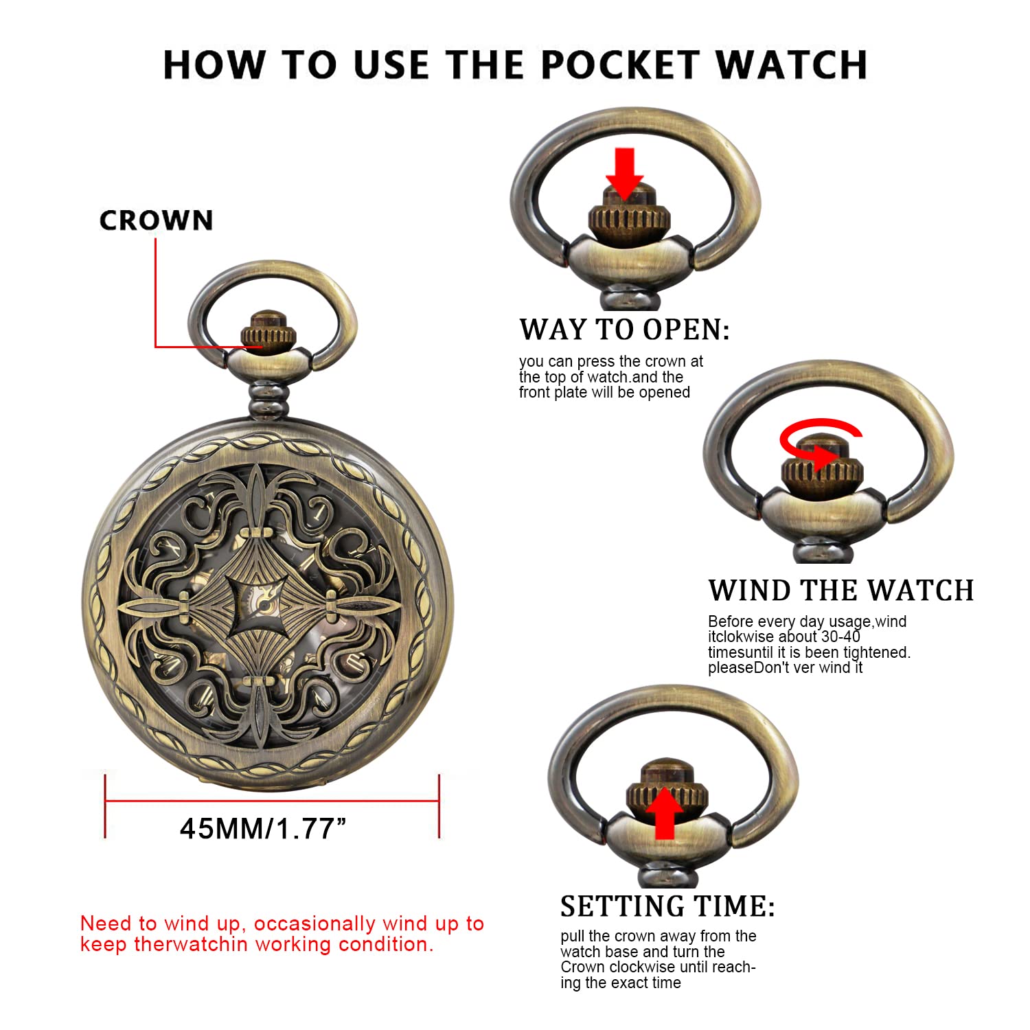 Whodoit Whodoit Retro Bronze Chinese Knot Hollow Mechanical Pocket Watch with Roman Numeral Skeleton Dial for Men - View 7 of 8