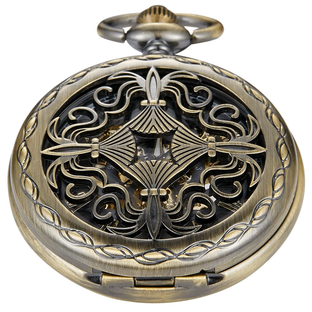 Whodoit Retro Bronze Chinese Knot Hollow Mechanical Pocket Watch with Roman Numeral Skeleton Dial for Men