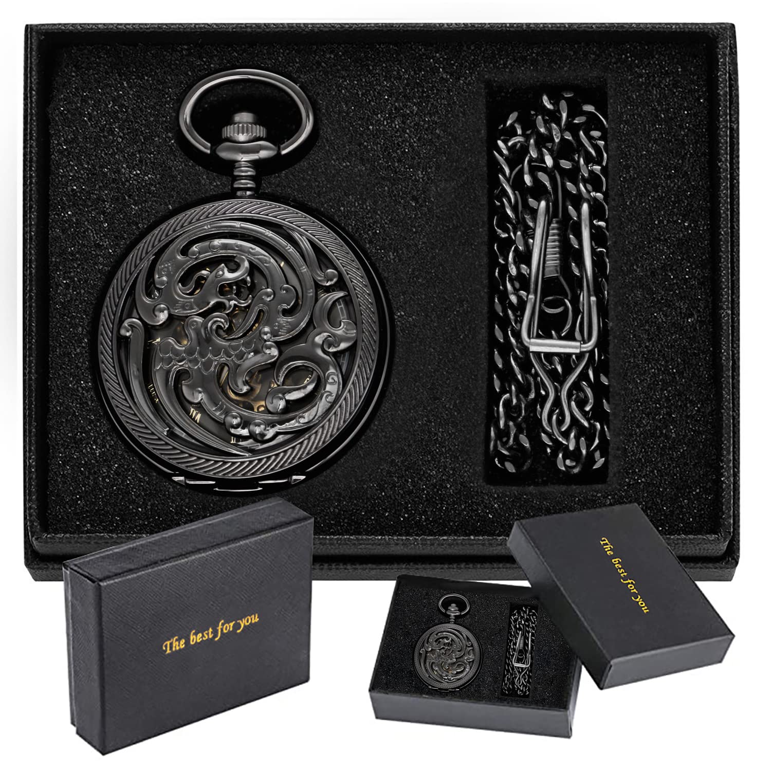 Whodoit Whodoit Black Screw Design Mechanical Pocket Watch for Men with Roman Numerals Black Dial and Chain Pendant Gift - View 2 of 8