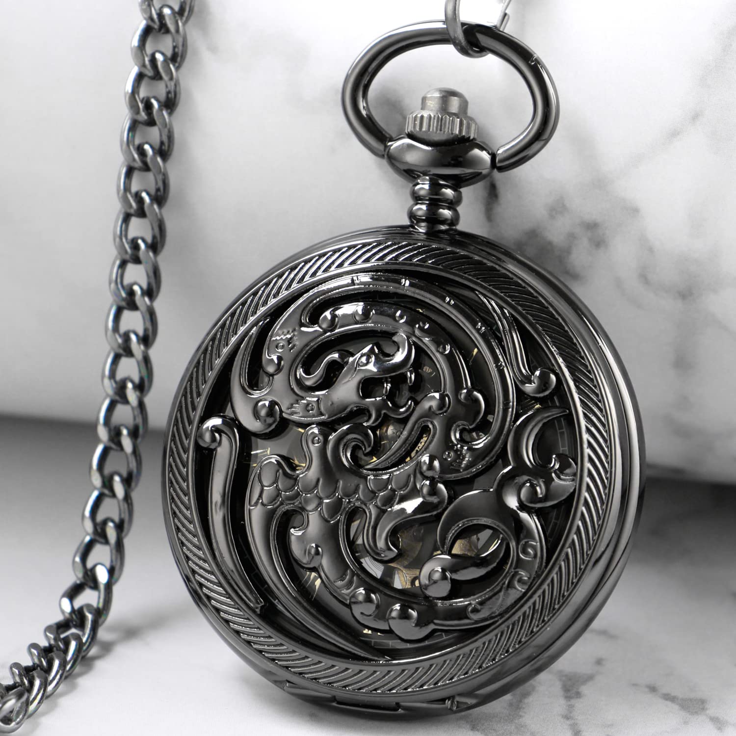 Whodoit Whodoit Black Screw Design Mechanical Pocket Watch for Men with Roman Numerals Black Dial and Chain Pendant Gift - View 3 of 8