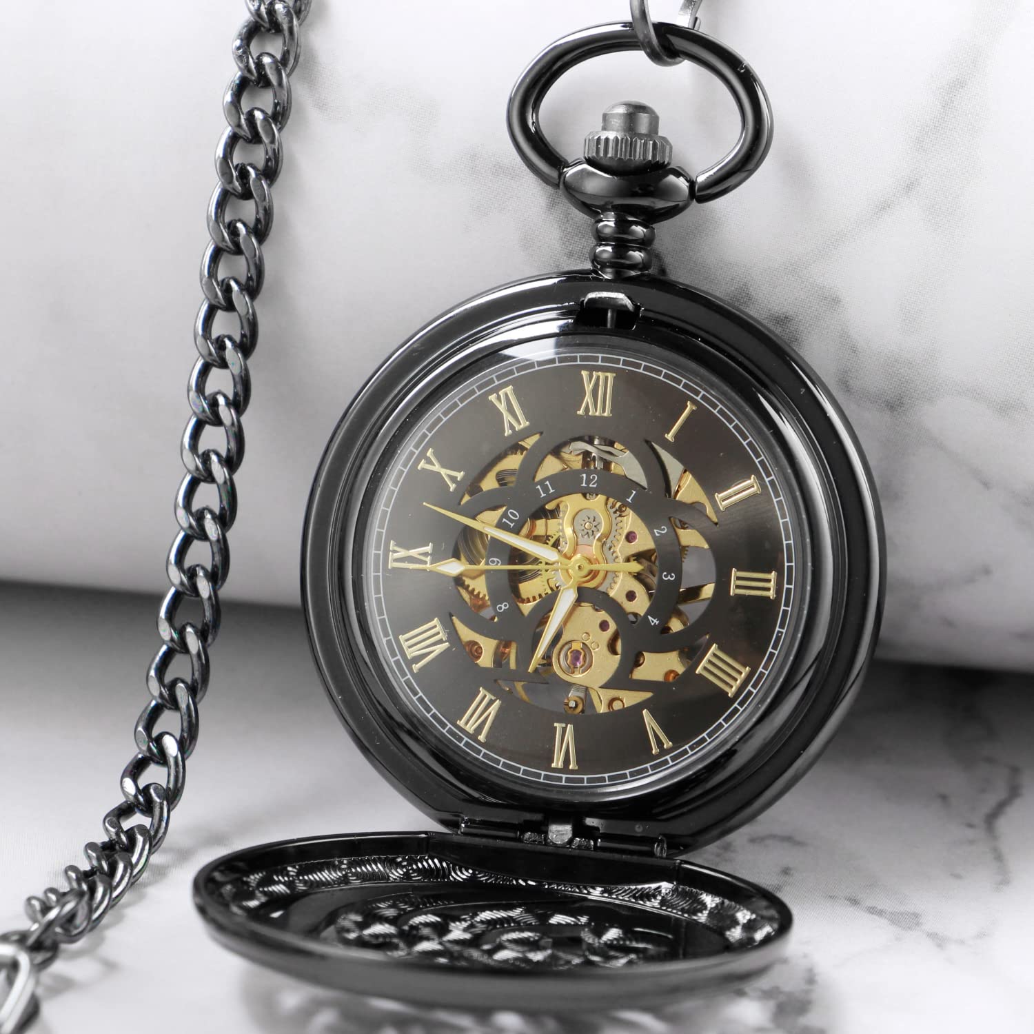 Whodoit Whodoit Black Screw Design Mechanical Pocket Watch for Men with Roman Numerals Black Dial and Chain Pendant Gift - View 4 of 8