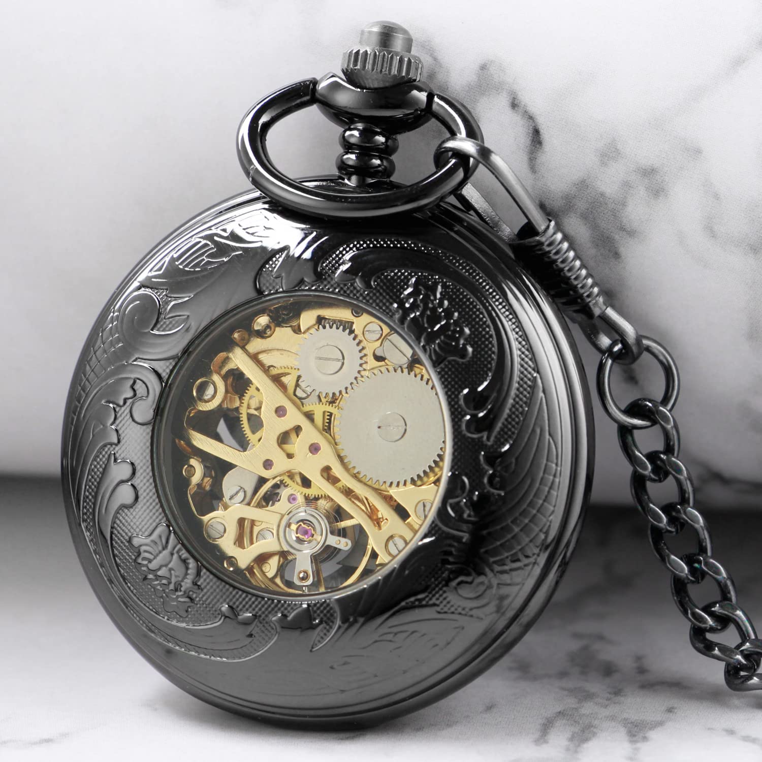 Whodoit Whodoit Black Screw Design Mechanical Pocket Watch for Men with Roman Numerals Black Dial and Chain Pendant Gift - View 5 of 8