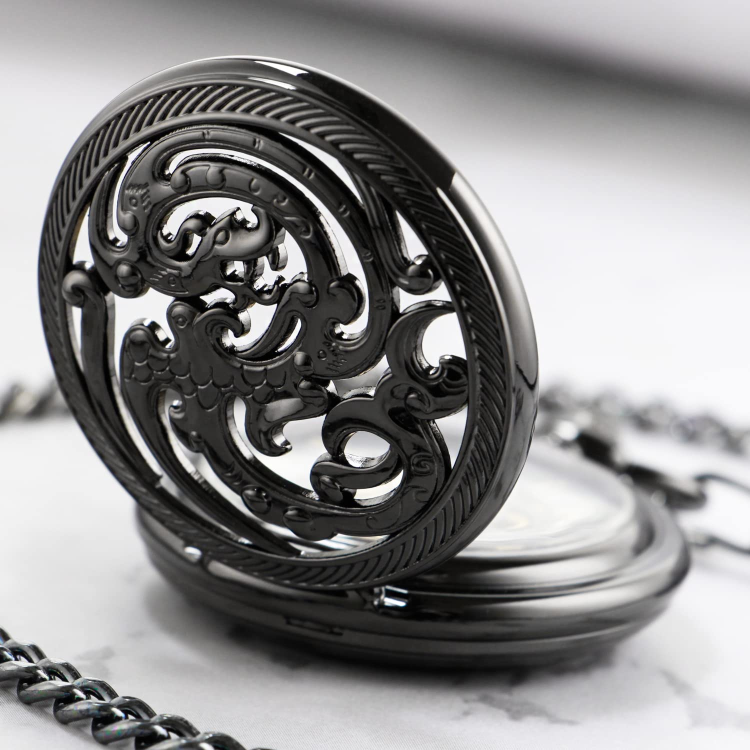 Whodoit Whodoit Black Screw Design Mechanical Pocket Watch for Men with Roman Numerals Black Dial and Chain Pendant Gift - View 6 of 8