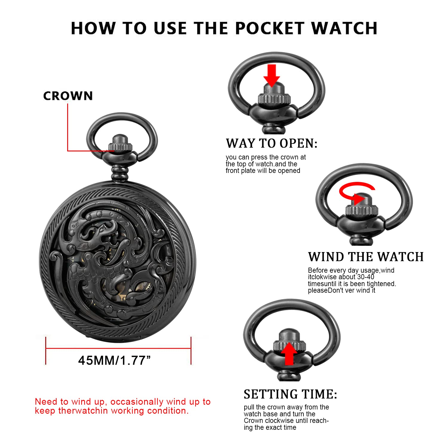 Whodoit Whodoit Black Screw Design Mechanical Pocket Watch for Men with Roman Numerals Black Dial and Chain Pendant Gift - View 7 of 8