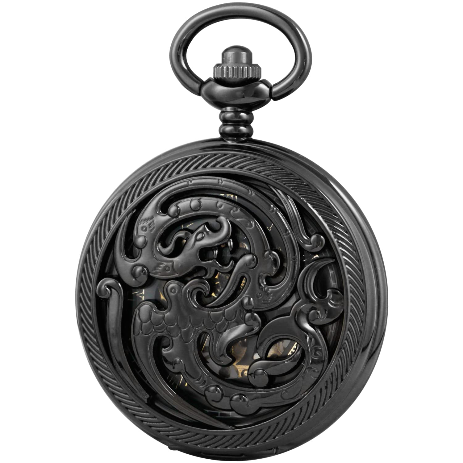 Whodoit Whodoit Black Screw Design Mechanical Pocket Watch for Men with Roman Numerals Black Dial and Chain Pendant Gift - View 8 of 8