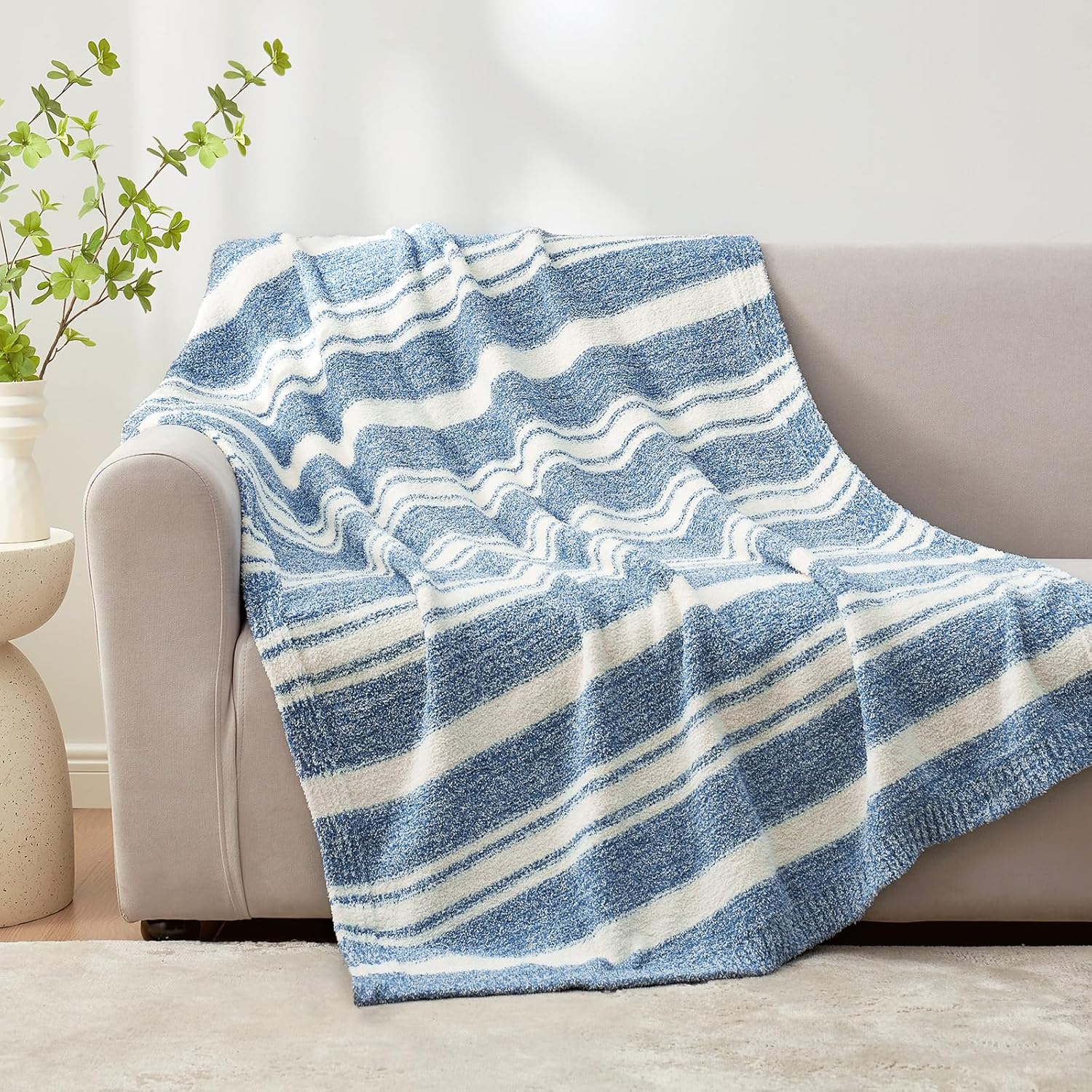 Snuggle Sac Snuggle Sac Knitted Throw Blanket Reversible Soft Microfiber Cozy Lightweight Fuzzy Plush for Couch Bed Camping Picnic Stripe Blue 50x60 inches - View 2 of 9