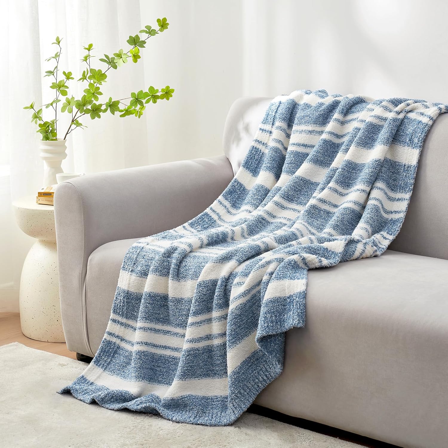 Snuggle Sac Snuggle Sac Knitted Throw Blanket Reversible Soft Microfiber Cozy Lightweight Fuzzy Plush for Couch Bed Camping Picnic Stripe Blue 50x60 inches - View 6 of 9