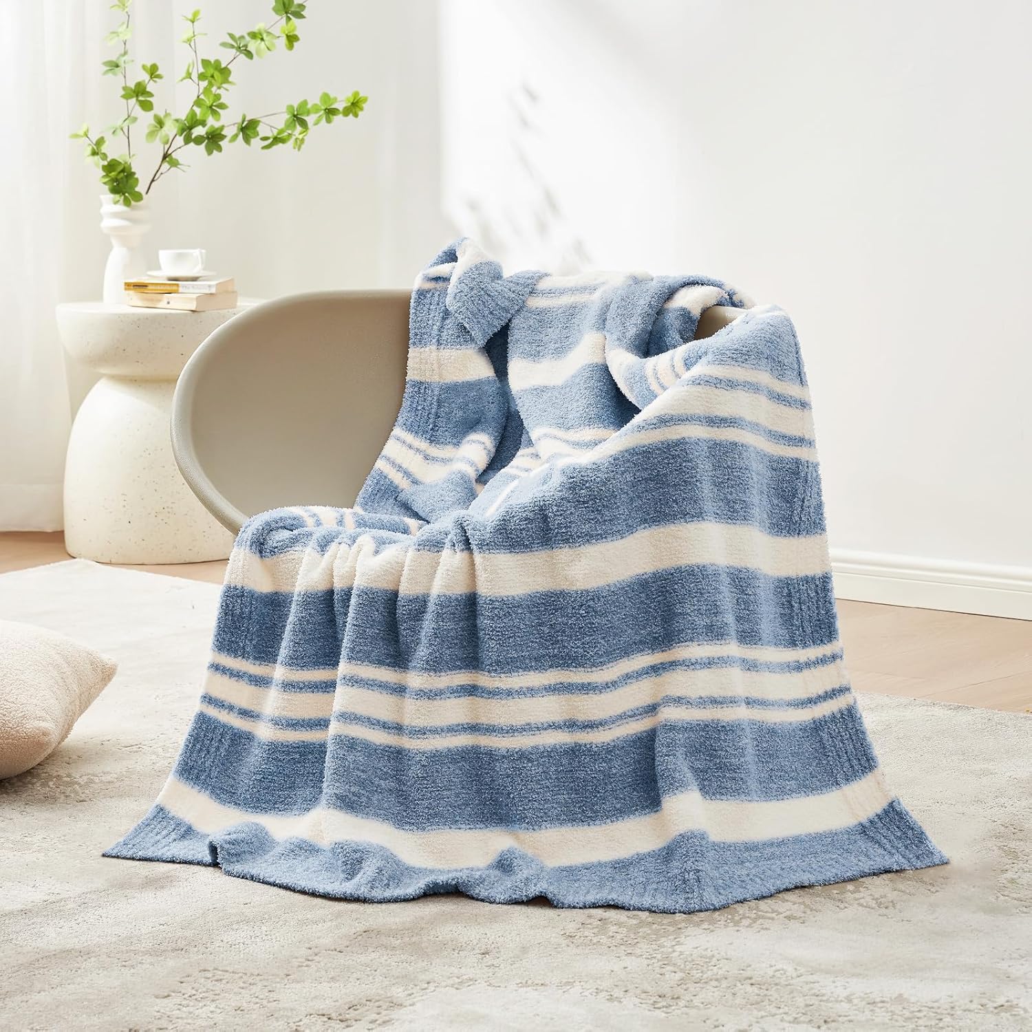 Snuggle Sac Snuggle Sac Knitted Throw Blanket Reversible Soft Microfiber Cozy Lightweight Fuzzy Plush for Couch Bed Camping Picnic Stripe Blue 50x60 inches