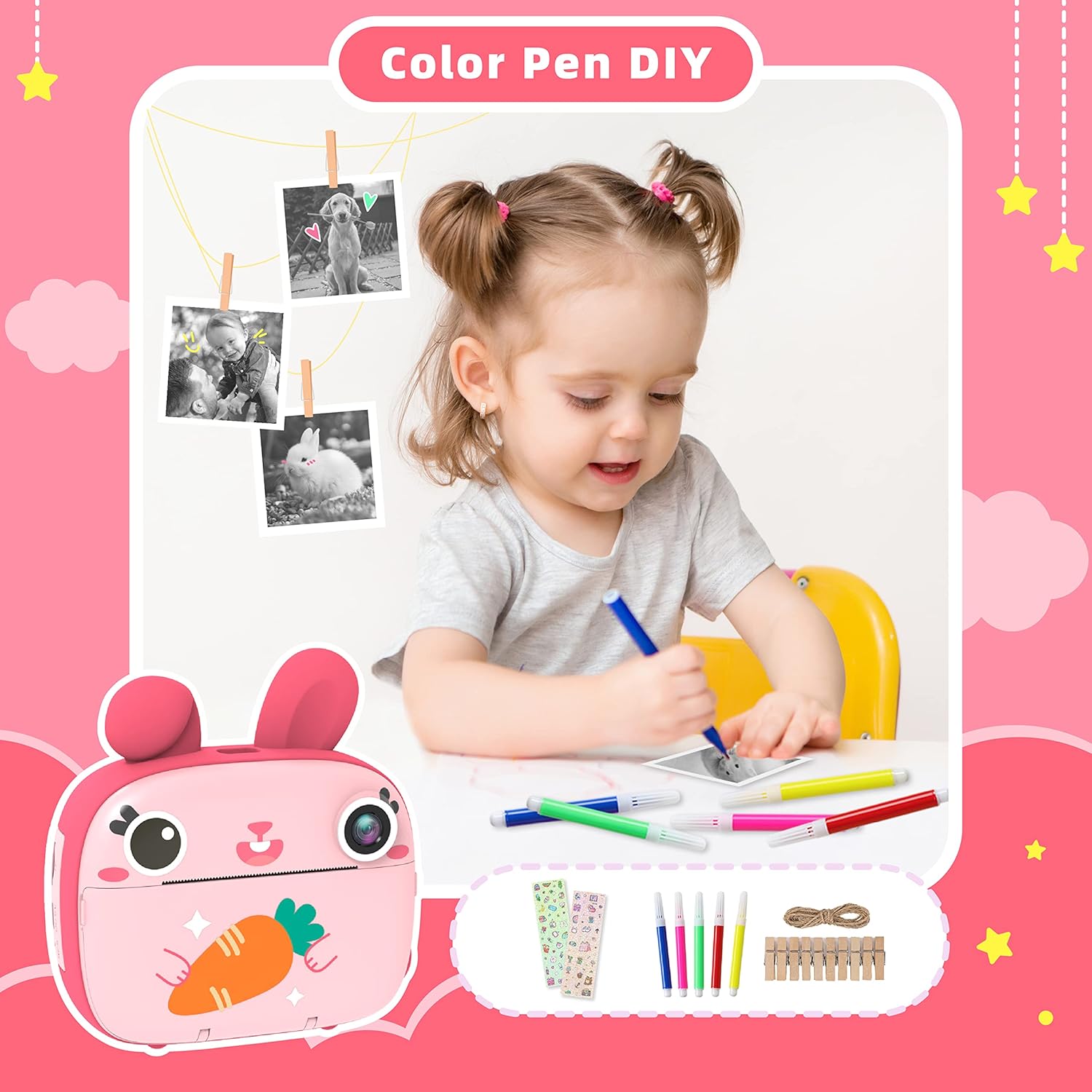 CAMCLID CAMCLID Instant Camera for Kids 2.5K Instant Print No Ink Paper 32G Card Selfie Digital Camera 1080P Video Toy Gift for Girls Boys 3-12 Pink - View 5 of 8