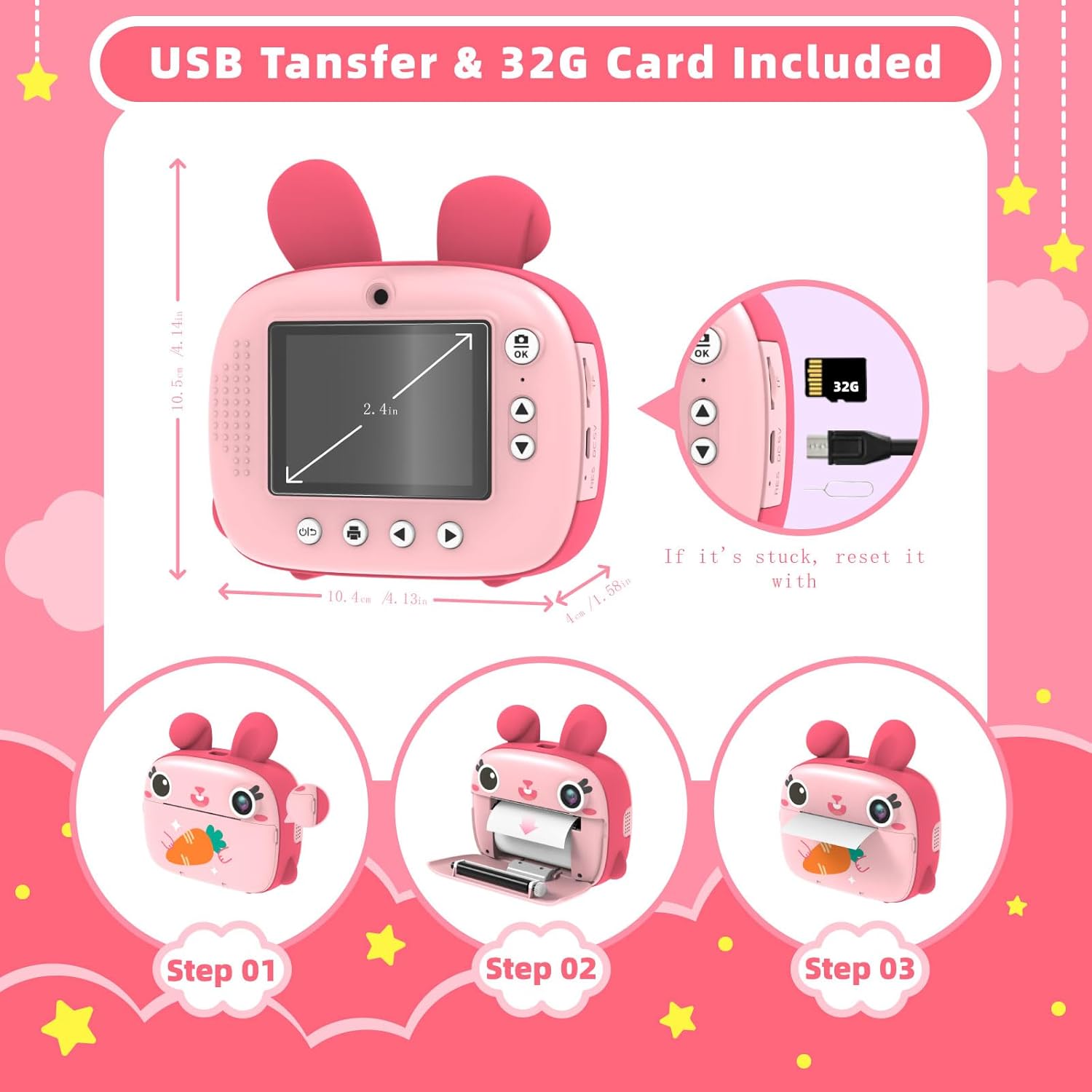 CAMCLID CAMCLID Instant Camera for Kids 2.5K Instant Print No Ink Paper 32G Card Selfie Digital Camera 1080P Video Toy Gift for Girls Boys 3-12 Pink - View 7 of 8