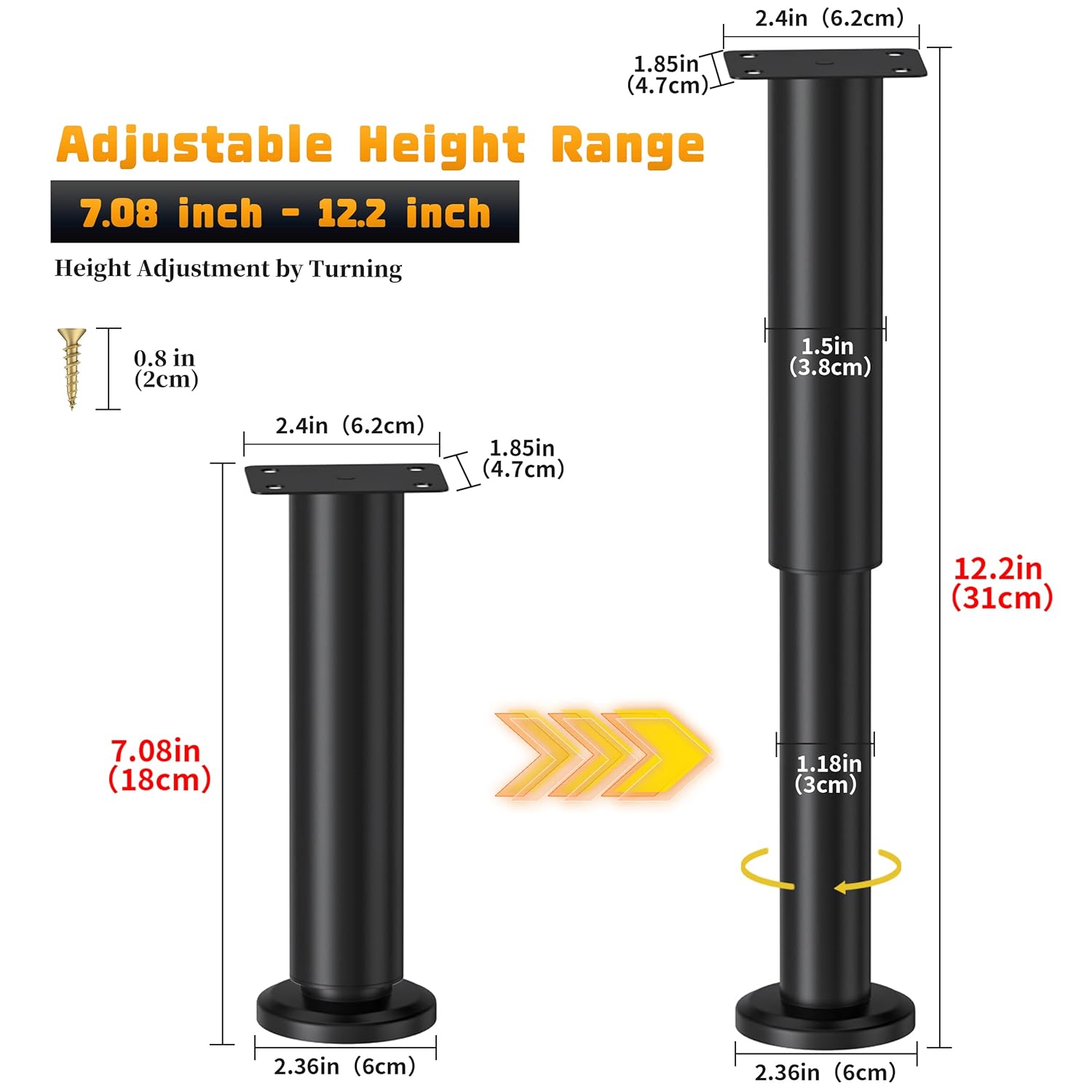 Wlrrcwdttc Wlrrcwdttc 4 Pcs Adjustable Height Bed Support Legs for Bed Frame and Furniture 7.08 to 12.2 Inch Heavy Duty Replacement Legs - View 2 of 9