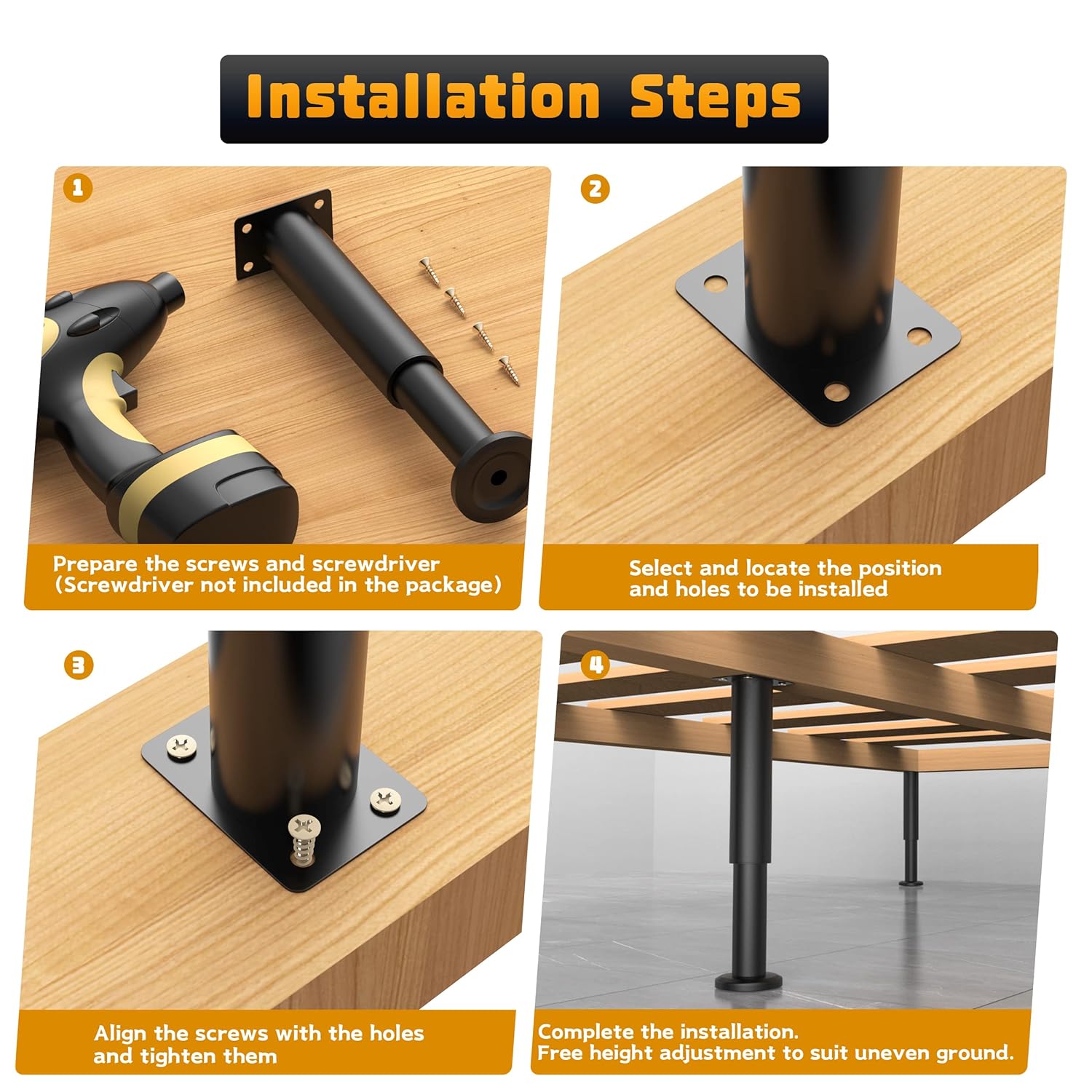 Wlrrcwdttc Wlrrcwdttc 4 Pcs Adjustable Height Bed Support Legs for Bed Frame and Furniture 7.08 to 12.2 Inch Heavy Duty Replacement Legs - View 3 of 9