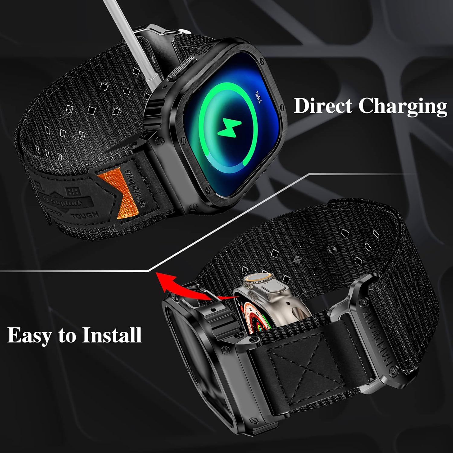 SUPLINK SUPLINK Stainless Steel Case and Nylon Bands for Apple Ultra Watch 49mm Rugged Metal Cover Bumper Sport Strap for iWatch Series Black - View 4 of 9