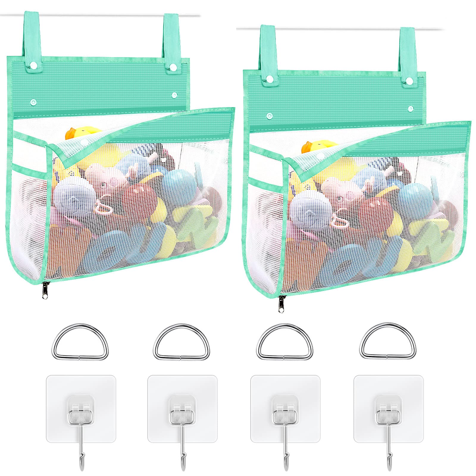 Linkidea 2 Pack Bathroom Mesh Storage Organizer, Hanging Bathtub Basket with Adhesive Hooks, Shower Caddy for Kid Bath Accessories, Bathroom (Green)