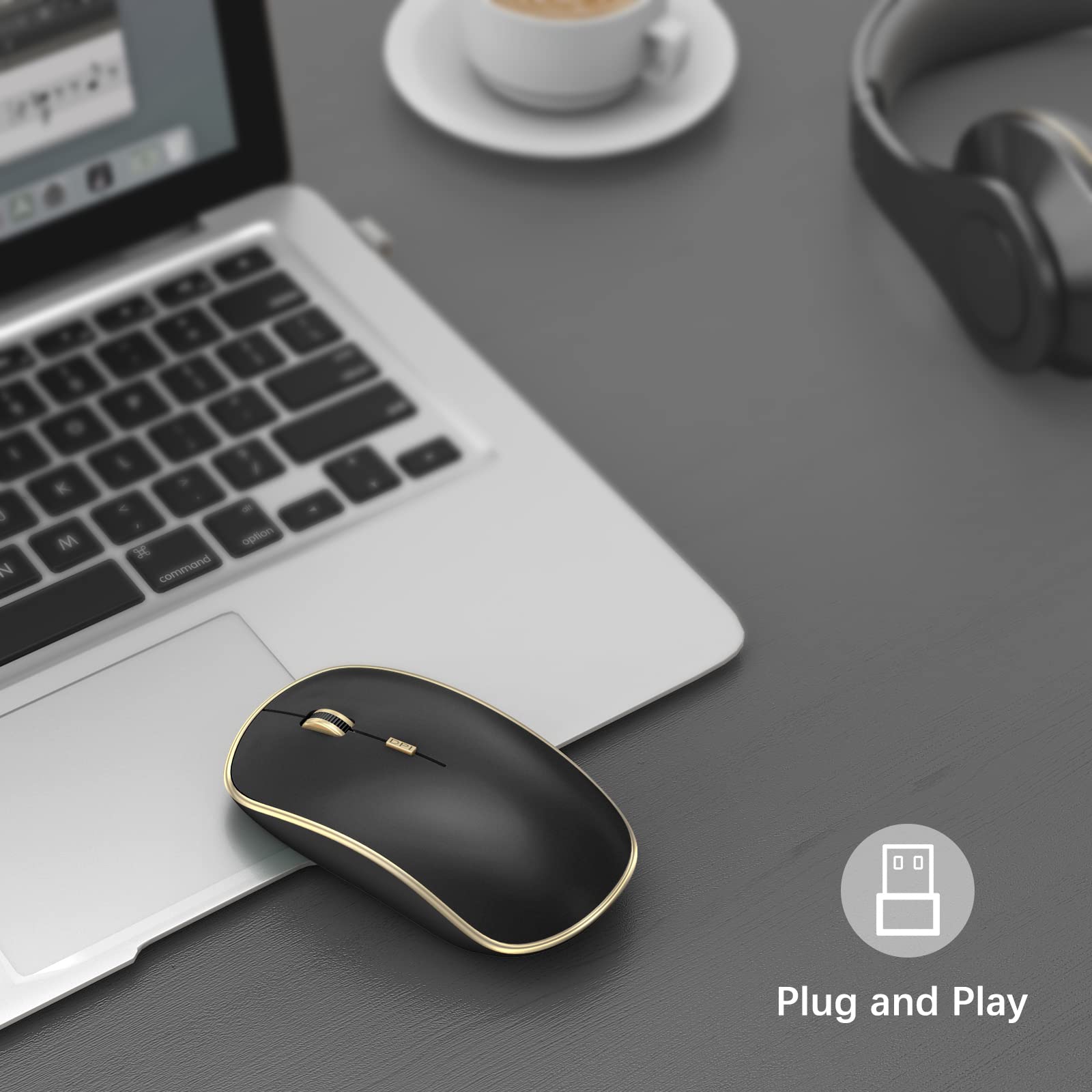 JOYACCESS JOYACCESS J Silent Mouse Wireless Portable Computer Mouse with 5 Adjustable DPI Levels for Desktop Notebook MacBook Chromebook PC Black Gold - View 2 of 8