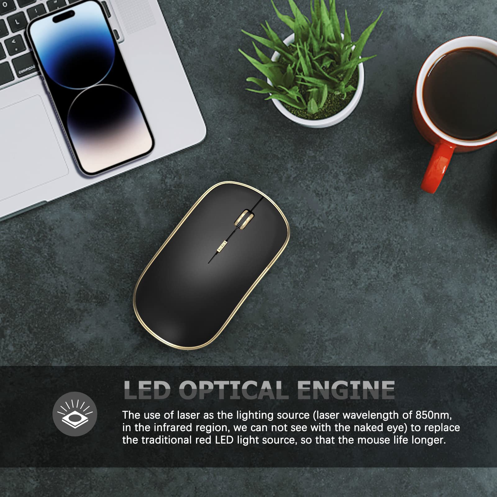 JOYACCESS JOYACCESS J Silent Mouse Wireless Portable Computer Mouse with 5 Adjustable DPI Levels for Desktop Notebook MacBook Chromebook PC Black Gold - View 3 of 8