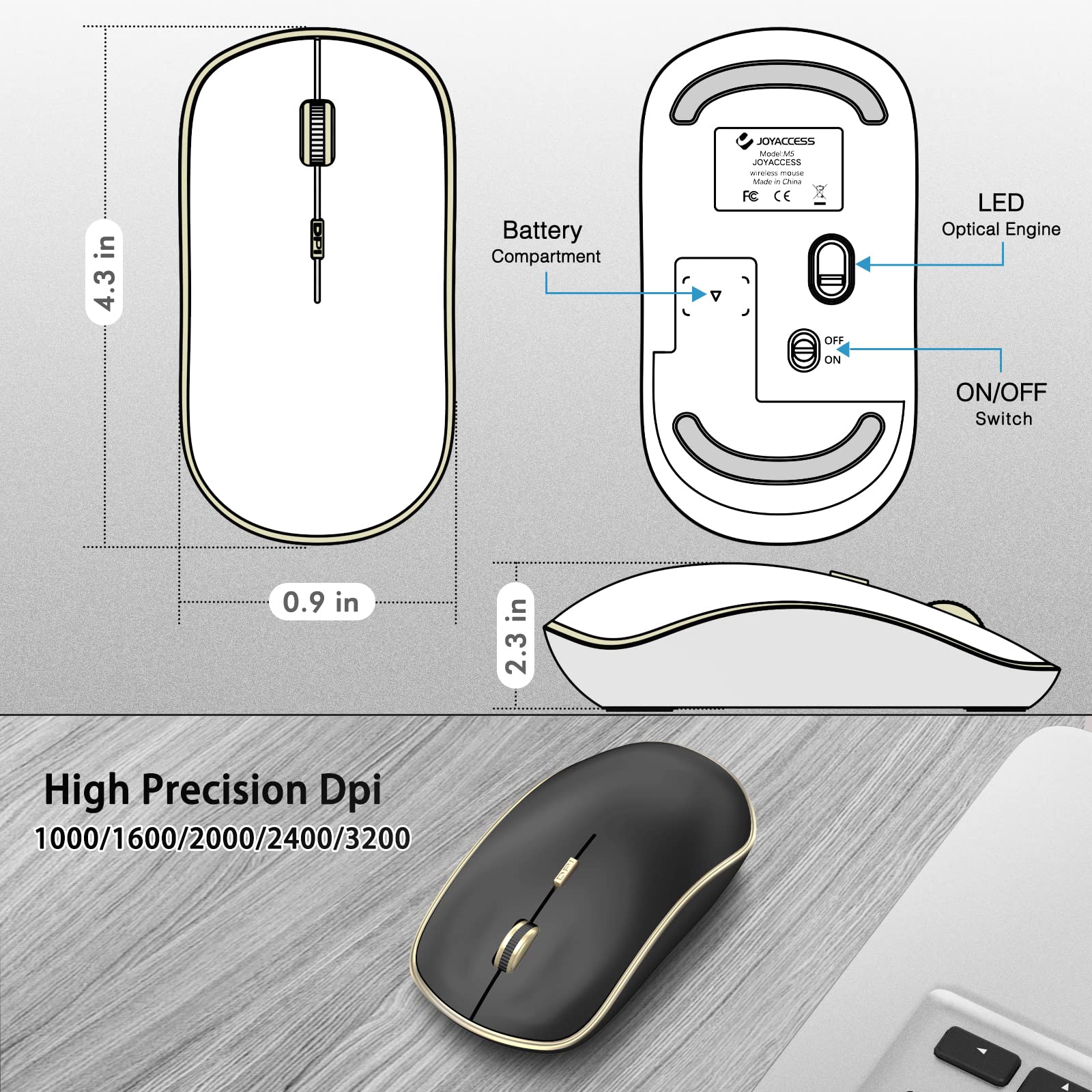 JOYACCESS JOYACCESS J Silent Mouse Wireless Portable Computer Mouse with 5 Adjustable DPI Levels for Desktop Notebook MacBook Chromebook PC Black Gold - View 4 of 8