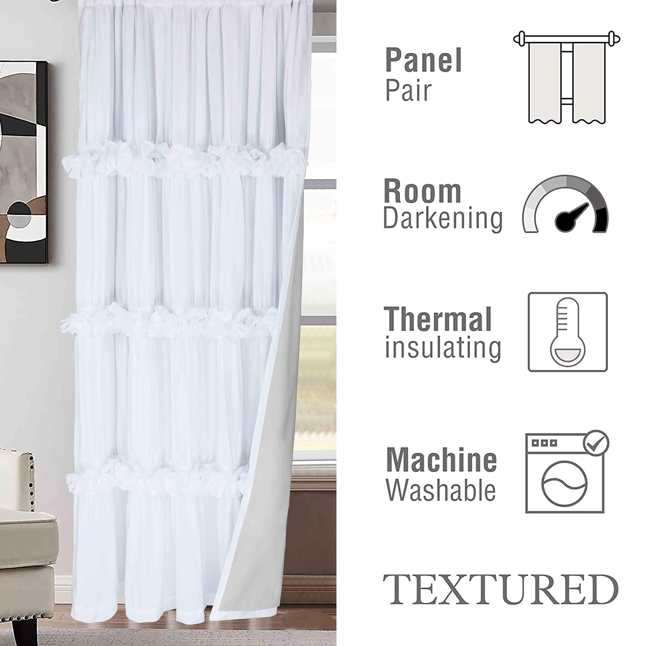 Homechoice Decor Homechoice Decor Thermal Insulated Blackout Curtains 54x84 Boho Ruched Butterfly Flowers Rustic Rod Pocket Drapes White 2 Panels - View 8 of 8