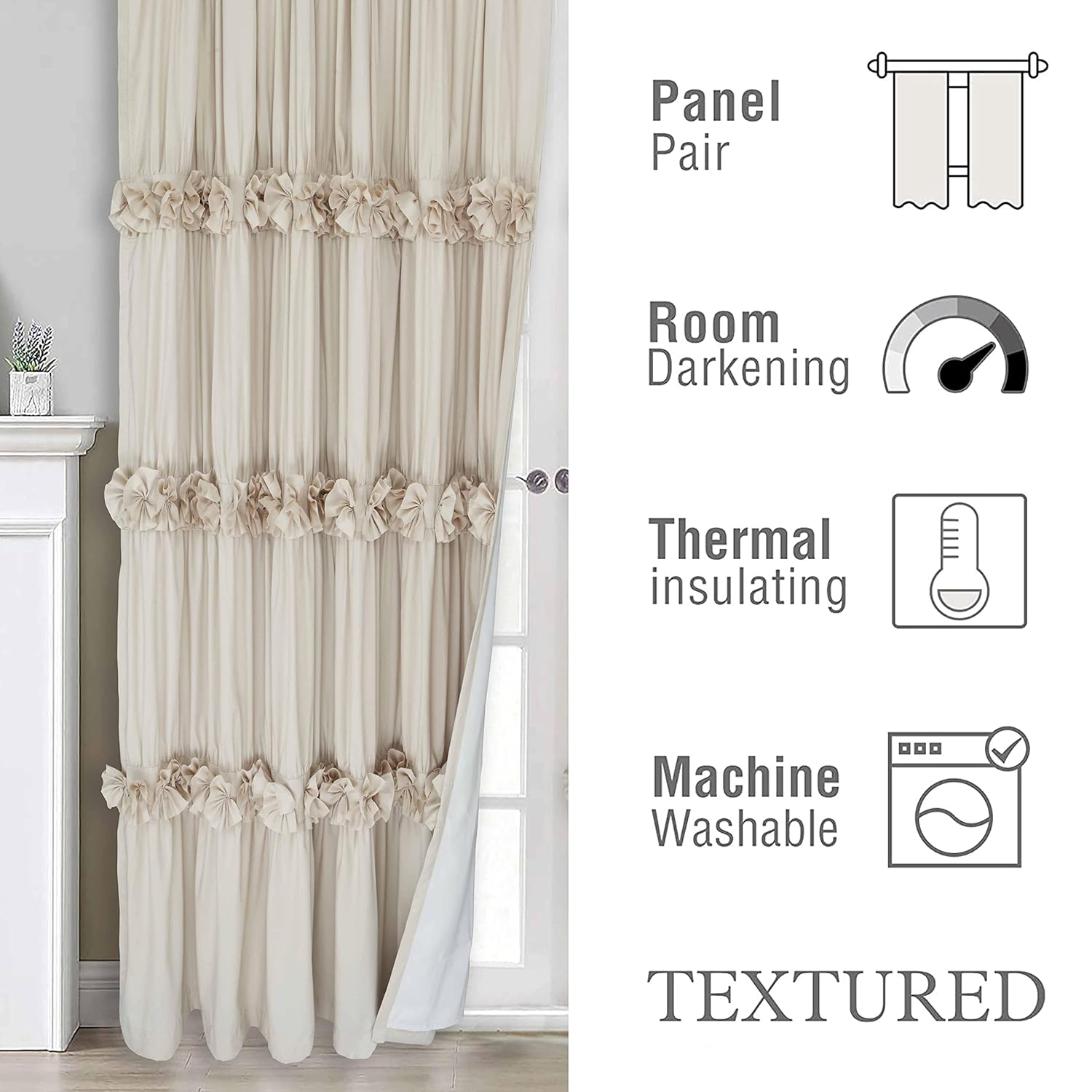 Homechoice Decor Homechoice Decor Thermal Insulated Blackout Curtains 54x84 Boho Ruched Butterfly Flowers Rustic Rod Pocket Drapes Camel Pair - View 8 of 9