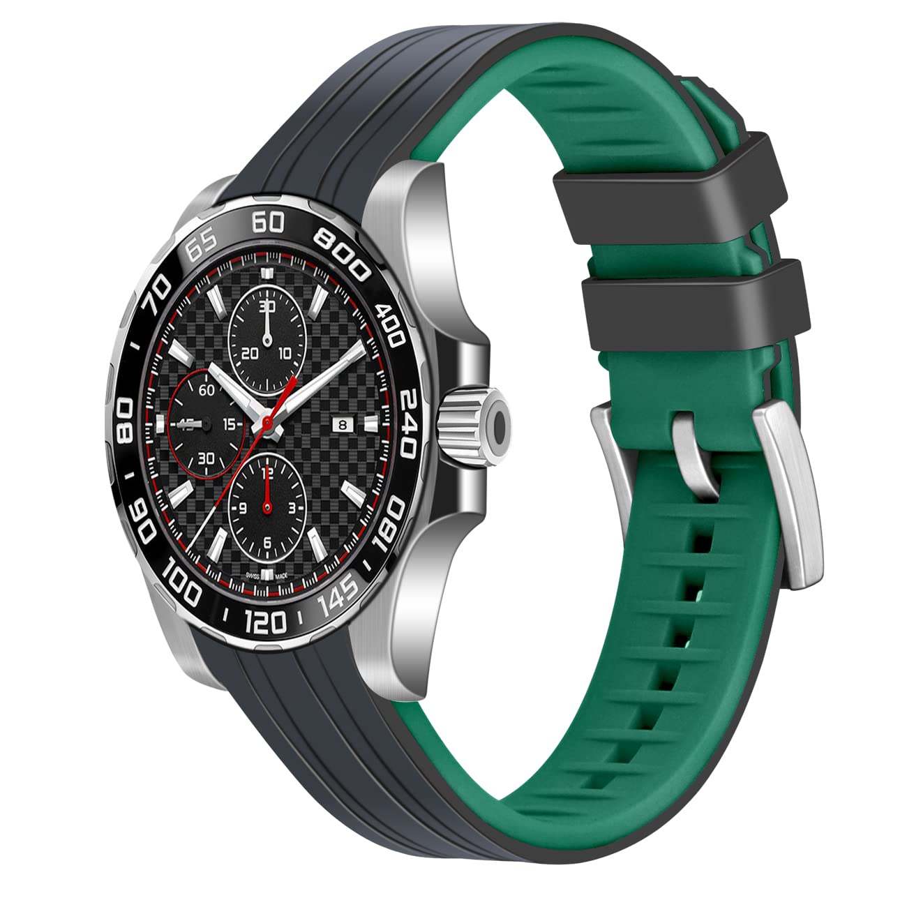 YISIWERA Stylish 22mm Two Tone Black Top-Green Bottom Rubber Silicone Watch Band Universal Curved Ends Watch Strap Solid Stainless Steel Buckle for