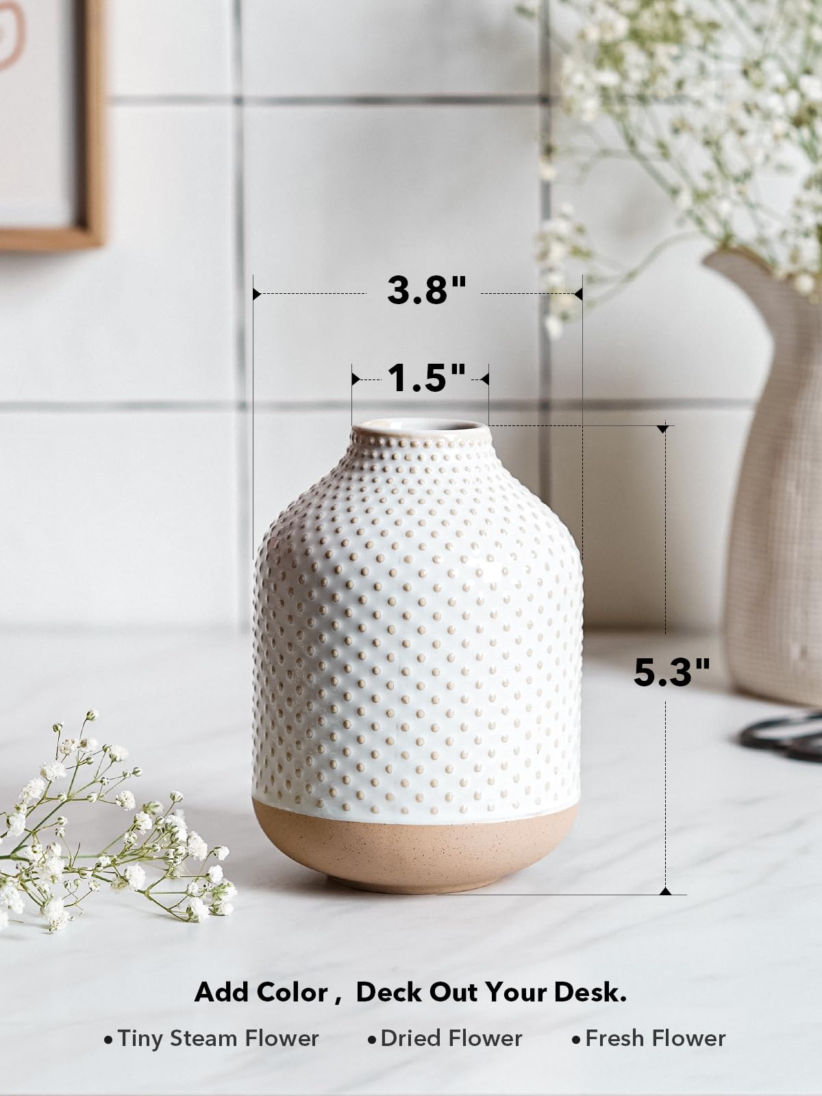 LE TAUCI GARDEN Small Boho Ceramic Vase for Decor Rustic Farmhouse Centerpieces 5.3 Inch Vintage Vase for Pampas Grass Eucalyptus and Tiny Stem Flowers - View 3 of 4