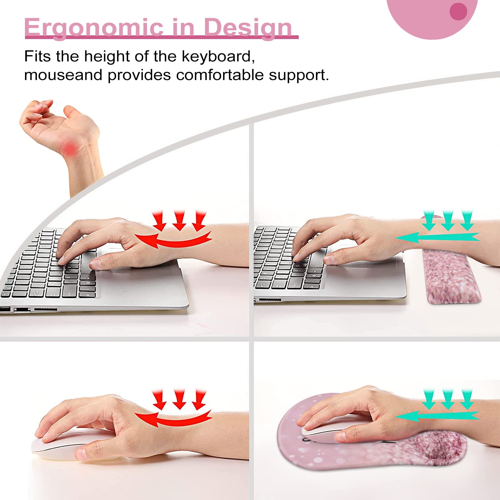 HAOCOO Pink Mouse Pad Support, Keyboard Wrist Rest, Gel Wrist Rest for Computer and Mouse Pad Set, Anti-Slip Base, Keyboard Pad with Coaster for - View 2 of 8