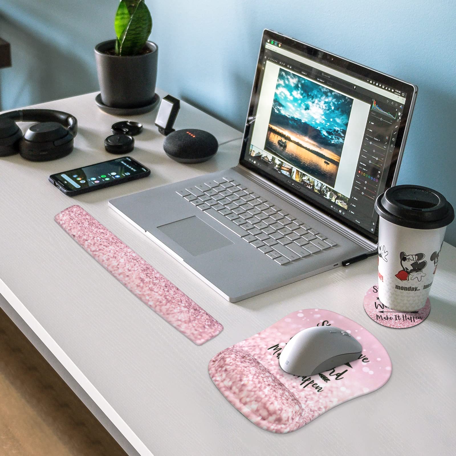 HAOCOO Pink Mouse Pad Support, Keyboard Wrist Rest, Gel Wrist Rest for Computer and Mouse Pad Set, Anti-Slip Base, Keyboard Pad with Coaster for - View 7 of 8