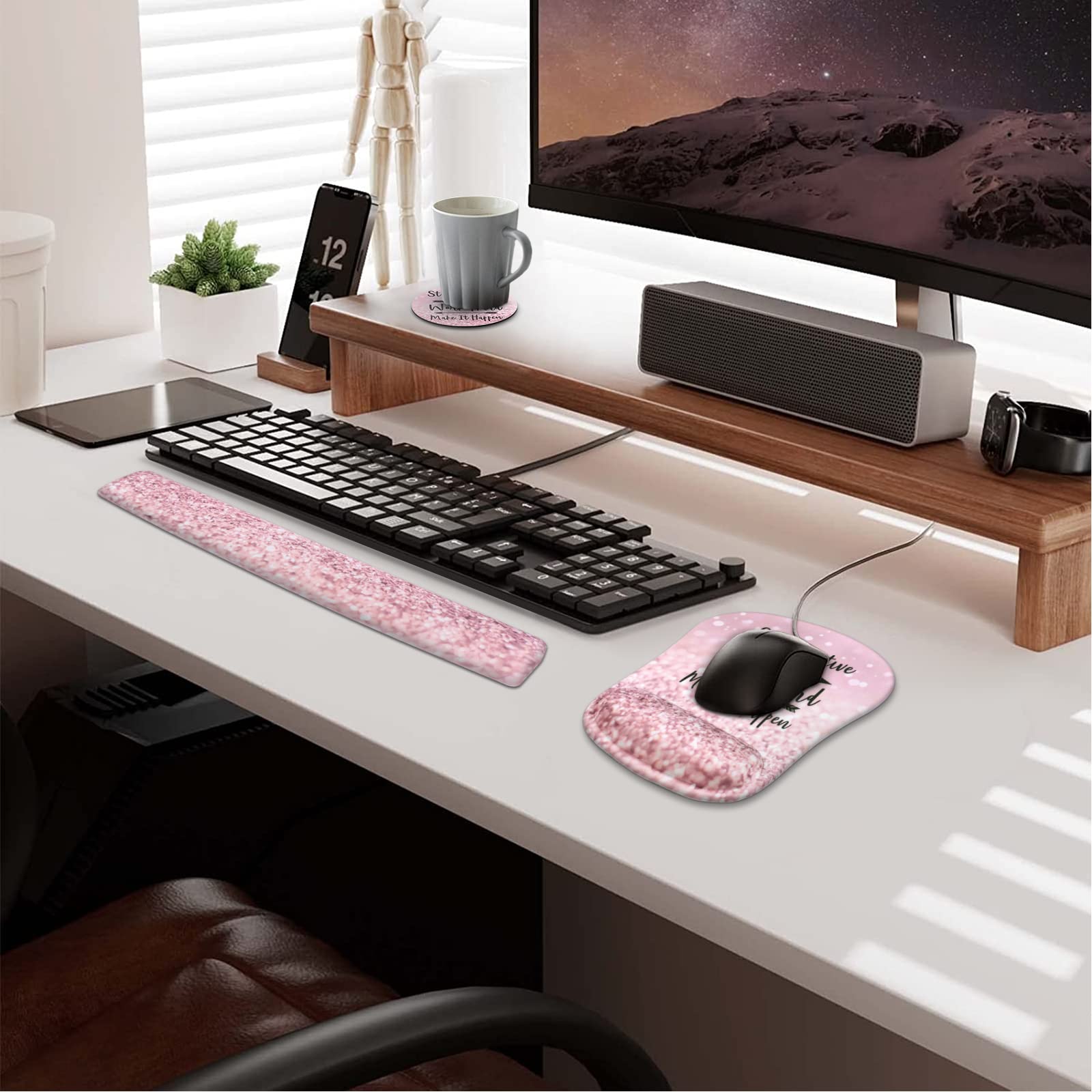 HAOCOO Pink Mouse Pad Support, Keyboard Wrist Rest, Gel Wrist Rest for Computer and Mouse Pad Set, Anti-Slip Base, Keyboard Pad with Coaster for - View 8 of 8