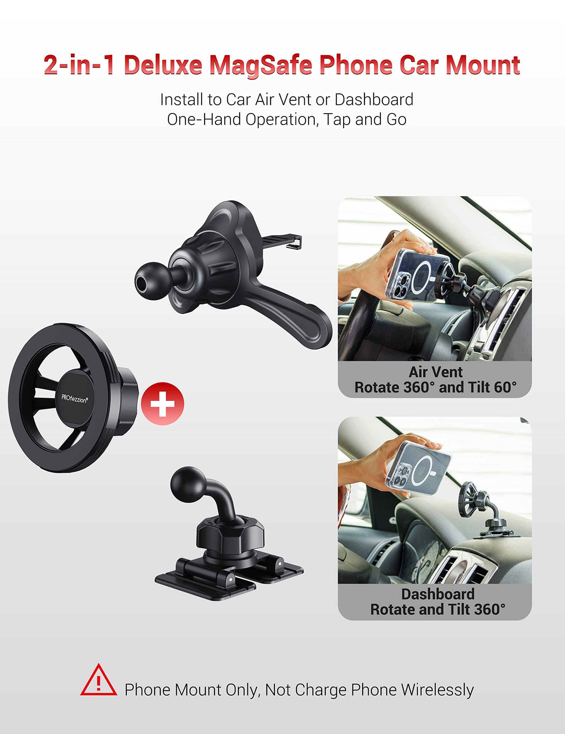PROfezzion for Metal MagSafe Car Mount, Deluxe Magnetic Phone Holder for Your Car Air Vent or Dashboard Compatible with iPhone 17 16 15 14 13 12 Pro - View 3 of 9