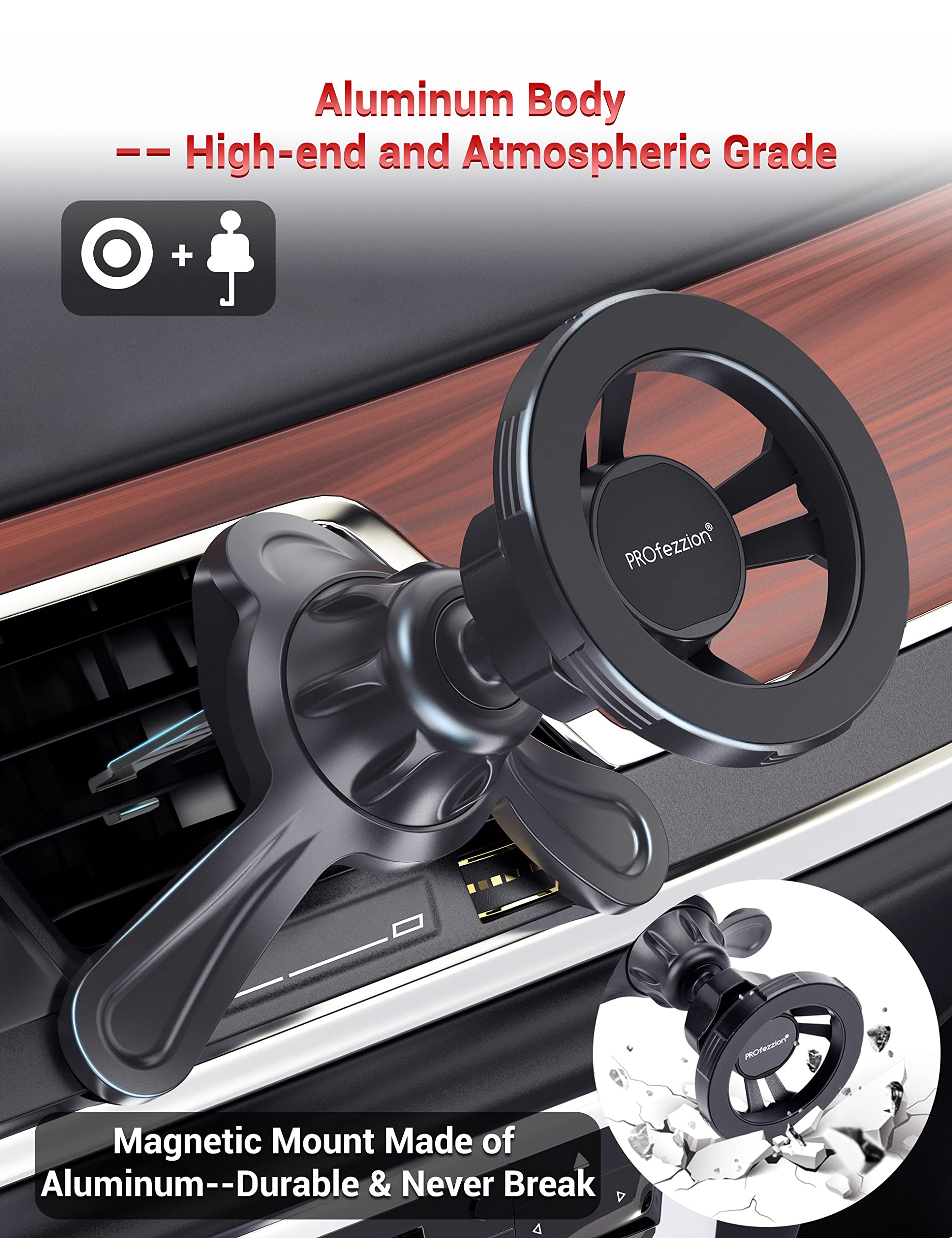 PROfezzion for Metal MagSafe Car Mount, Deluxe Magnetic Phone Holder for Your Car Air Vent or Dashboard Compatible with iPhone 17 16 15 14 13 12 Pro - View 4 of 9