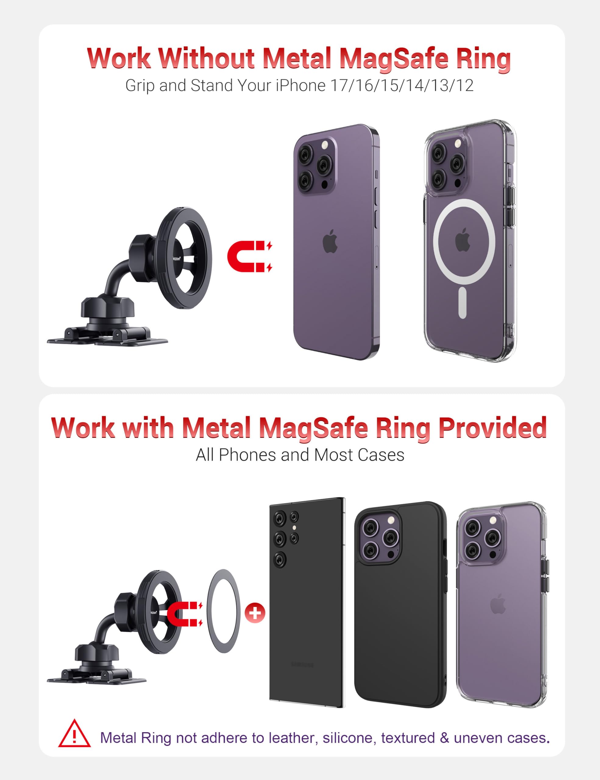 PROfezzion for Metal MagSafe Car Mount, Deluxe Magnetic Phone Holder for Your Car Air Vent or Dashboard Compatible with iPhone 17 16 15 14 13 12 Pro - View 7 of 9