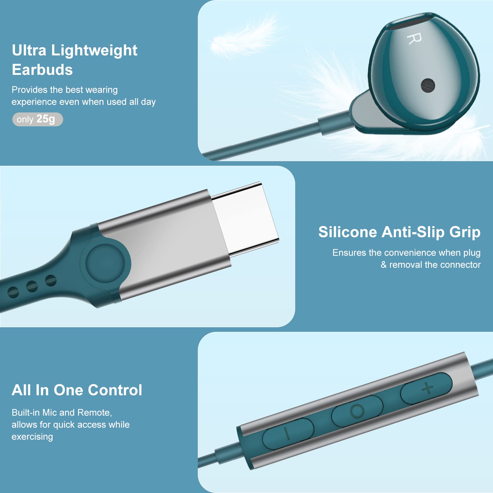 ACAGET USB C Headphones Wired Type C Earbuds HiFi Stereo with Mic Noise Cancelling for Samsung S23 Ultra Galaxy S22 S21 Plus iPad Pro Pixel 7 Teal Blue - View 3 of 7