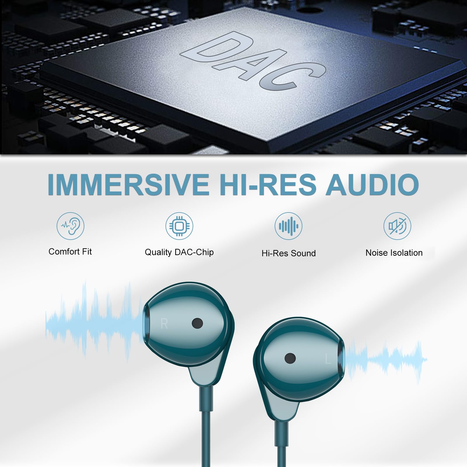 ACAGET USB C Headphones Wired Type C Earbuds HiFi Stereo with Mic Noise Cancelling for Samsung S23 Ultra Galaxy S22 S21 Plus iPad Pro Pixel 7 Teal Blue - View 4 of 7