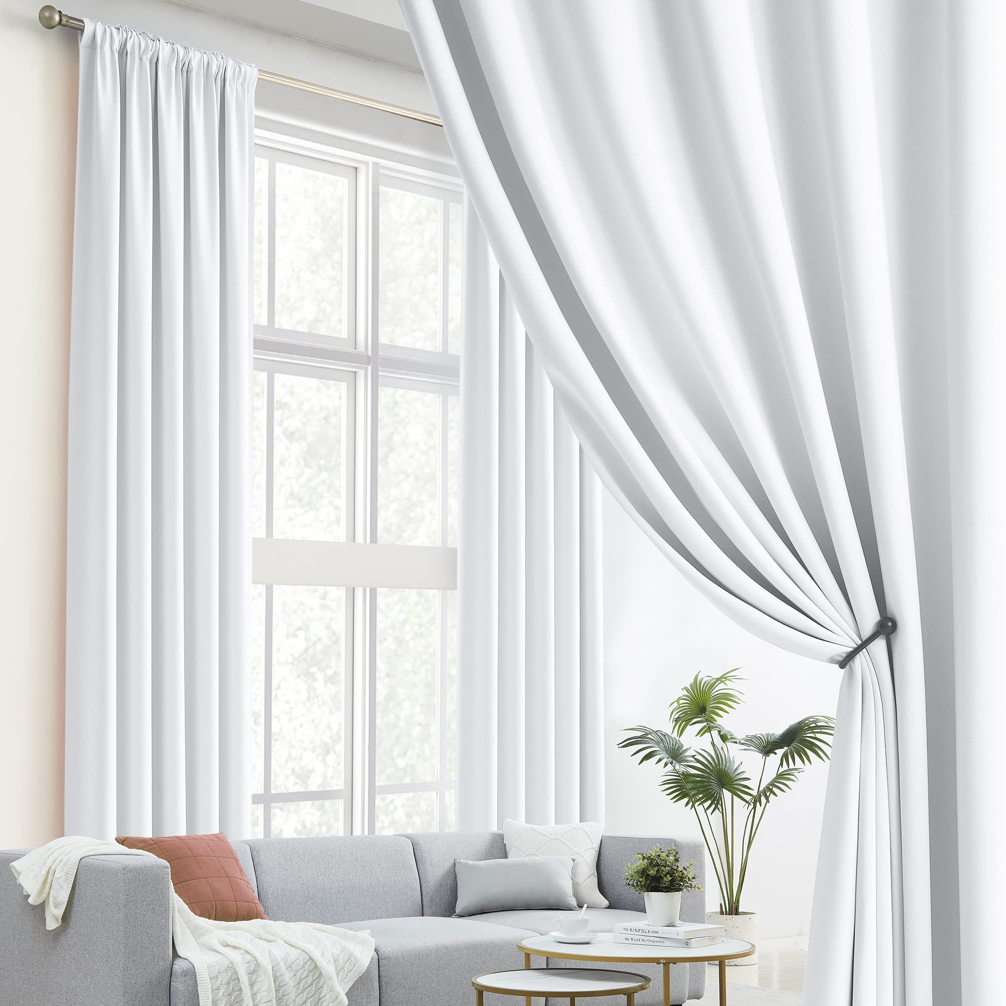 DUALIFE DUALIFE White Extra Long Blackout Curtains 52x108in Thermal Insulated Soundproof Rod Pocket for Living Room High Ceiling Patio Sliding Door - View 2 of 6