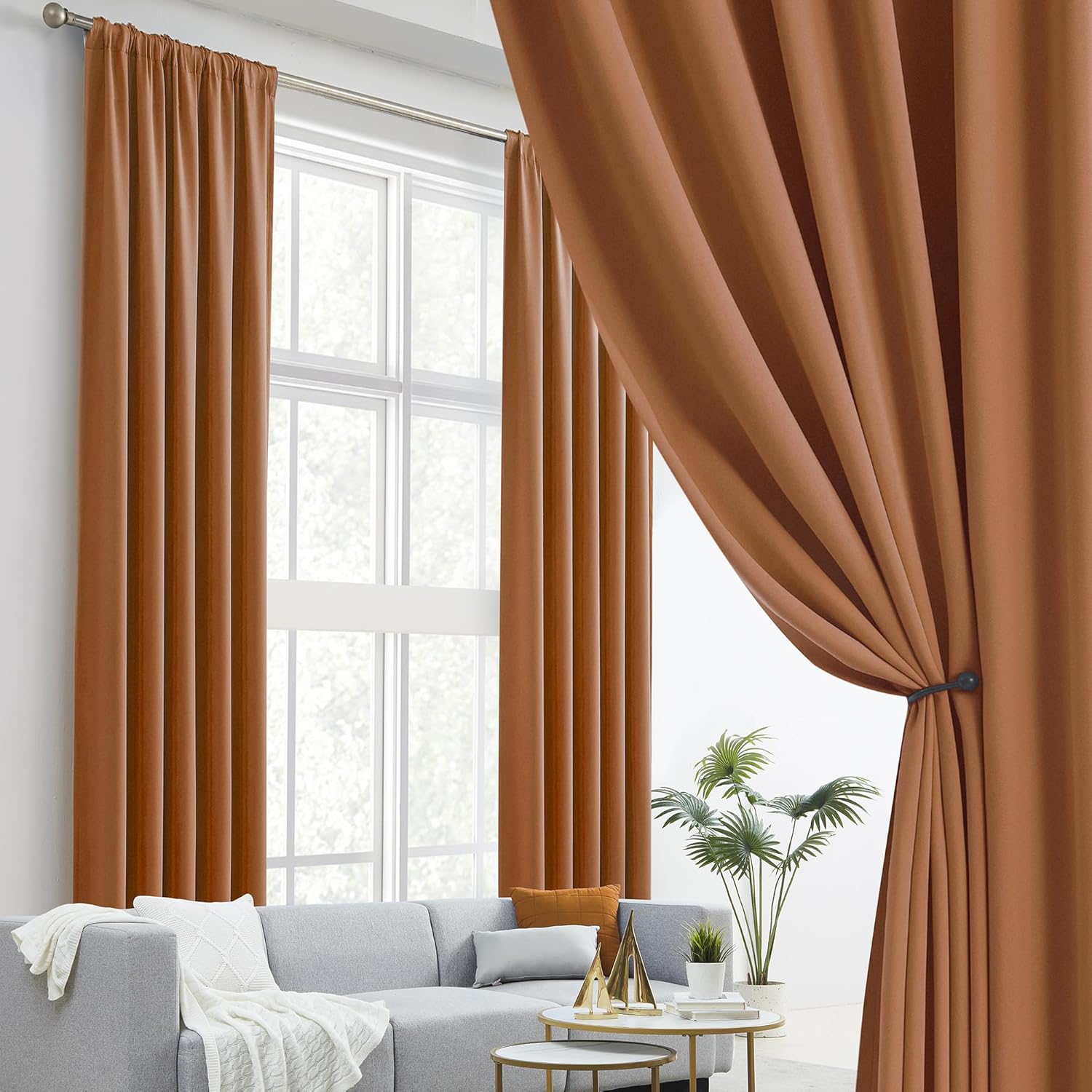 DUALIFE DUALIFE 102 Inch Room Darkening Curtains Set of 2 Back Tab Rod Pocket Panels for Living Room Golden Oak Brown Orange 52W x 102L Inch - View 2 of 9