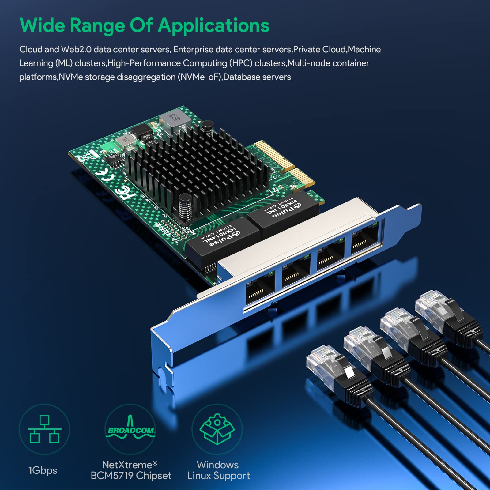EDUP EDUP Gigabit Quad Port Ethernet Card NetXtreme BCM5719 PCI Express Network Card for Windows Server Linux Ubuntu FreeBSD VMware ESX - View 2 of 9