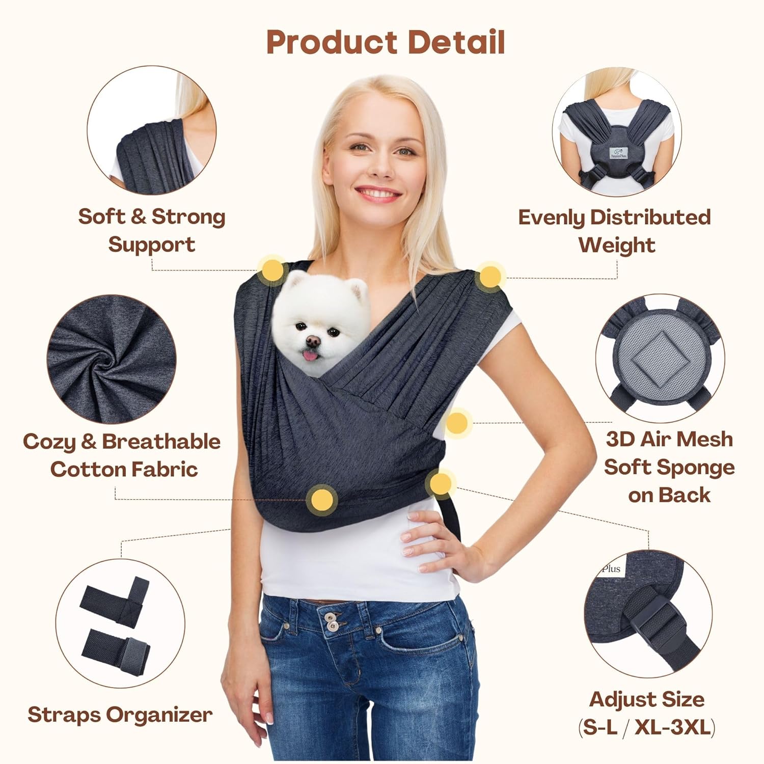 AnccoPlus AnccoPlus Dog Carrier for Small Dogs Front Facing Adjustable Soft Cotton Safe Hands Free Charcoal Black - View 5 of 9