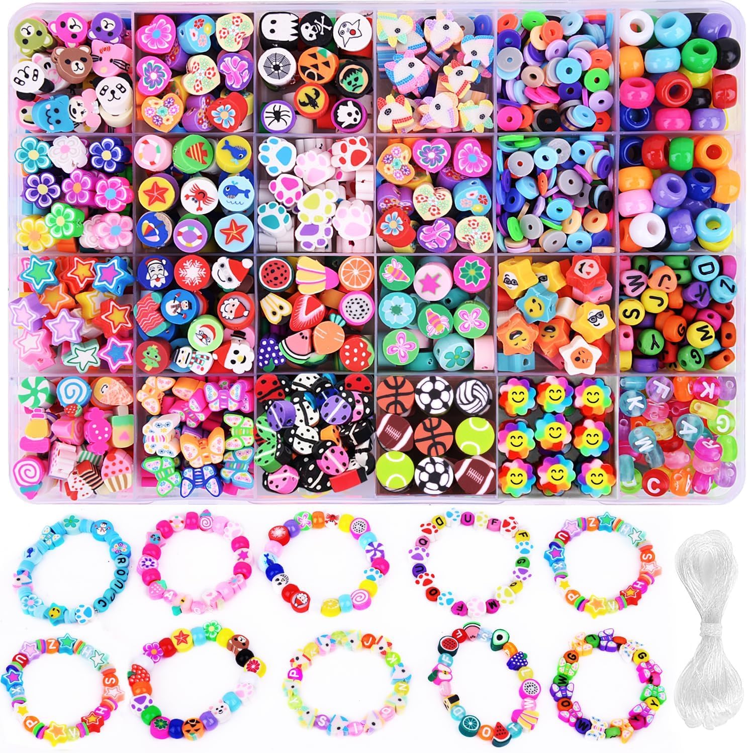 1000PCS Polymer Clay Beads Bracelet Making kit, 24 Style Cute Fun Beads Fruit Flower Animal Cake Butterfly Heart Beads Charms for Jewelry Necklace